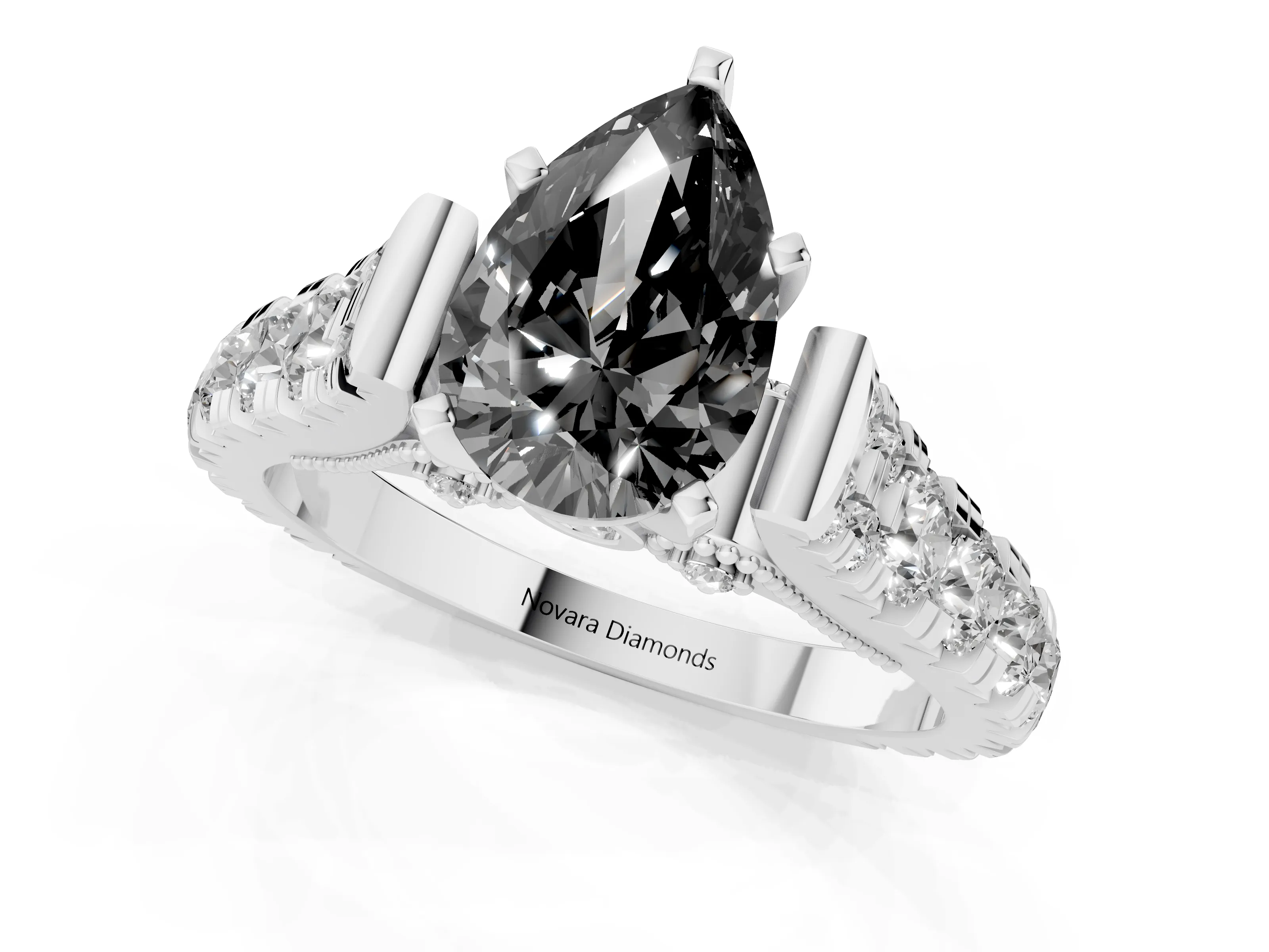 Fancy Black Pear Cut Diamond Classic Solitaire Ring Set in Platinum with Pavé Band and Prong Setting