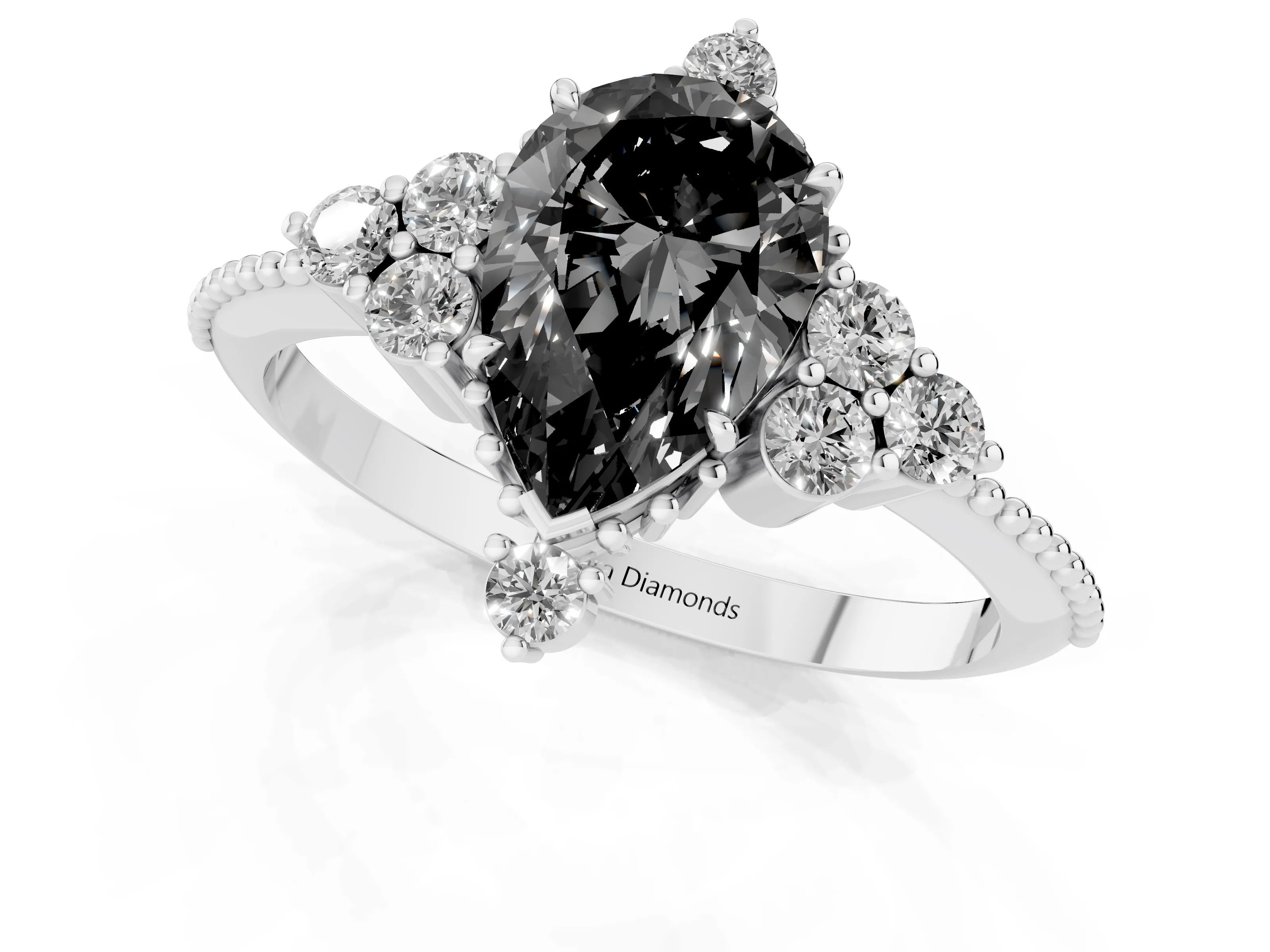 Fancy Black Pear Cut Diamond Cluster Ring Set in Platinum with Beaded Band