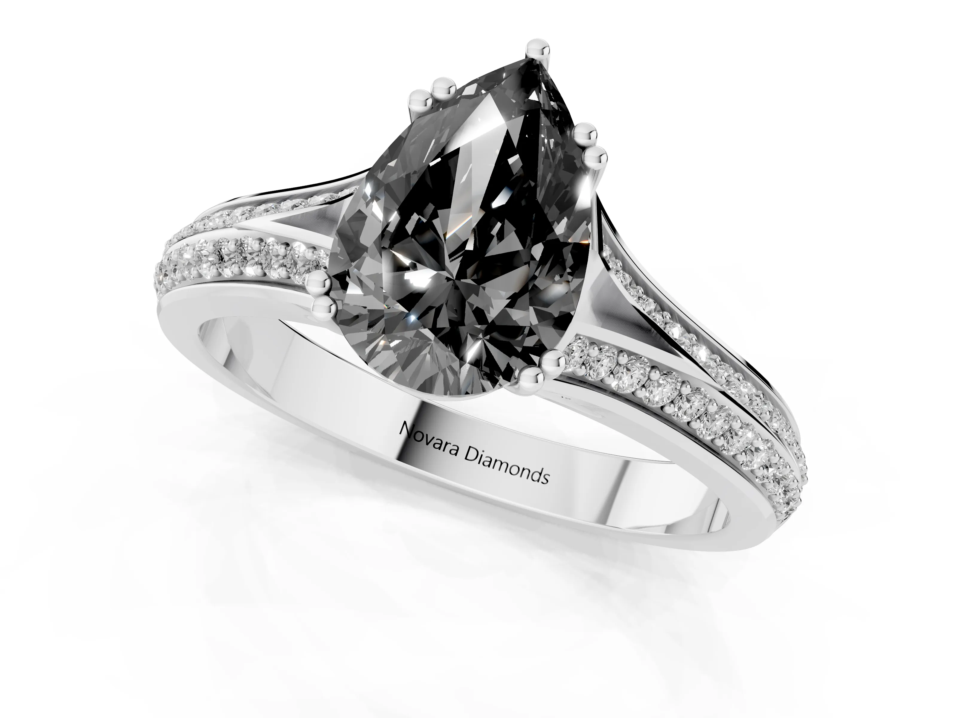 Fancy Black Pear Cut Diamond Split Shank Pavé Engagement Ring Set in Platinum with Prong-Set Center Stone