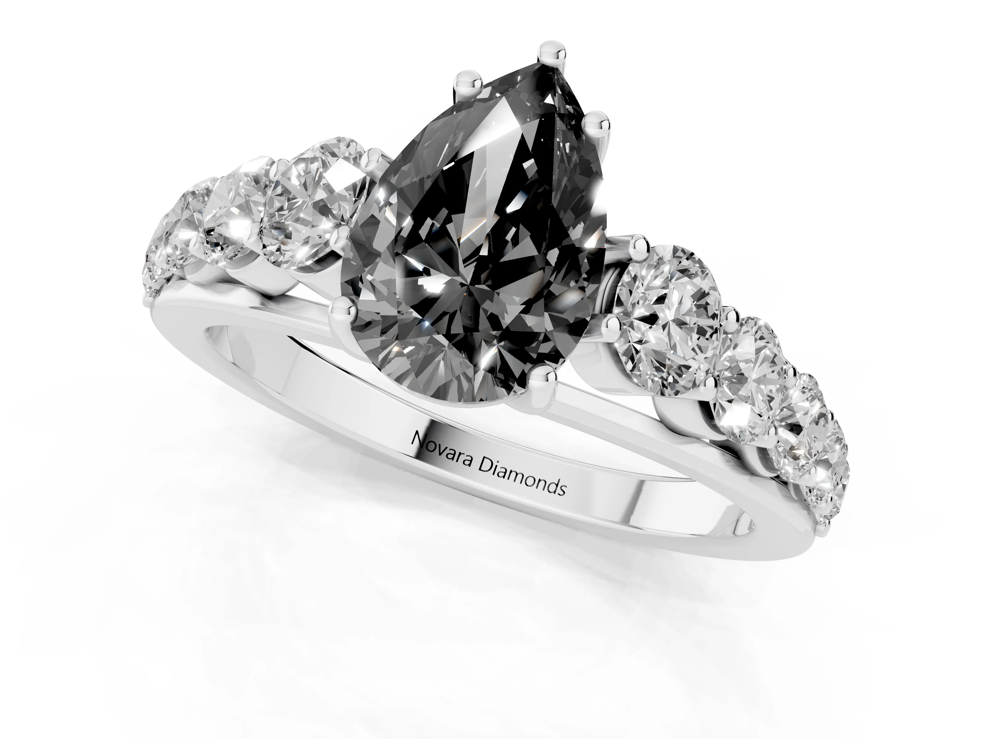 Fancy Black Pear Cut Diamond Solitaire Ring Set in Silver with Pavé-Set Band and Prong Setting