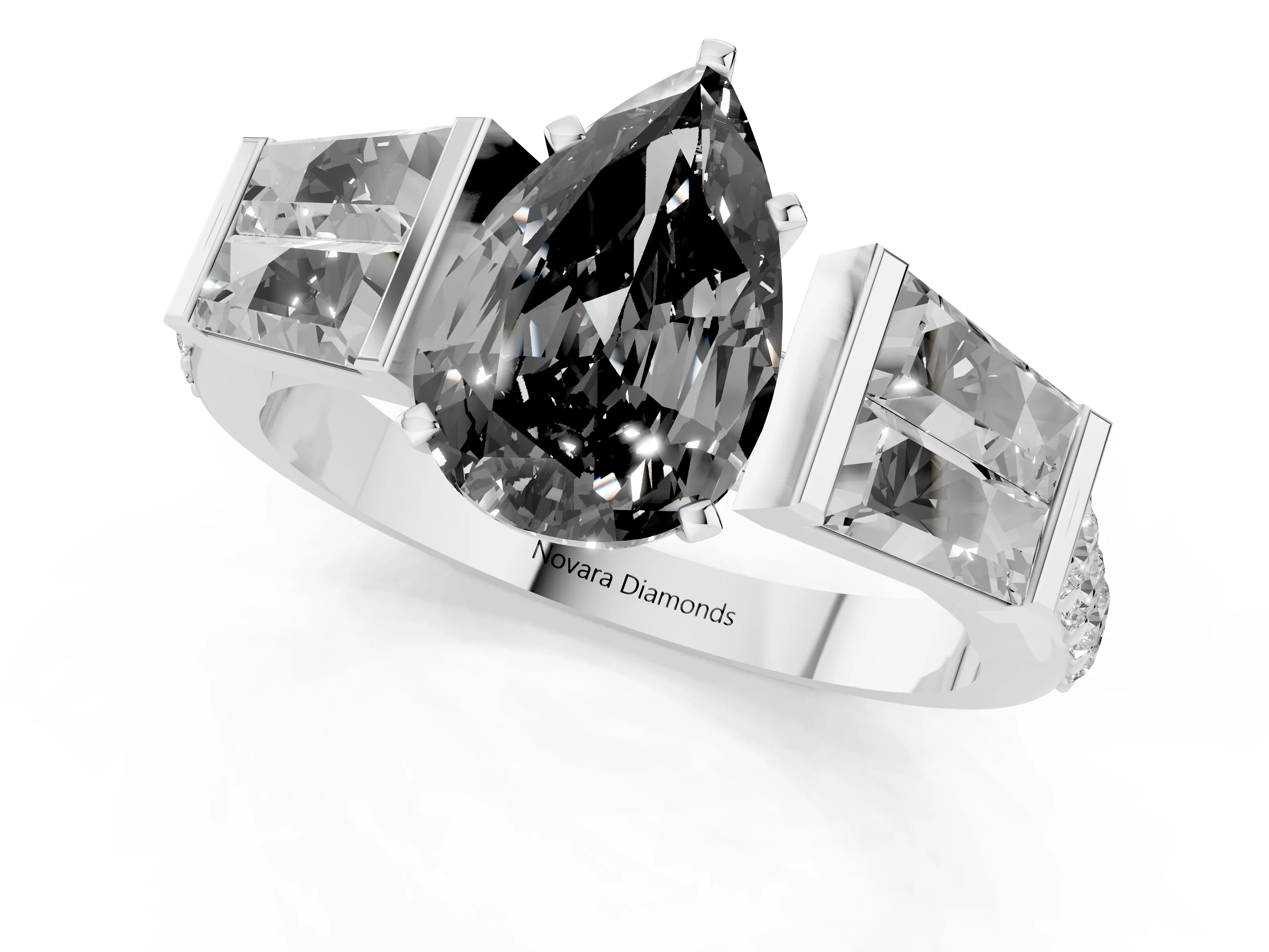 Fancy Black Pear Cut Diamond Engagement Ring Set in White gold with Baguette Side Stones and Channel Set Band
