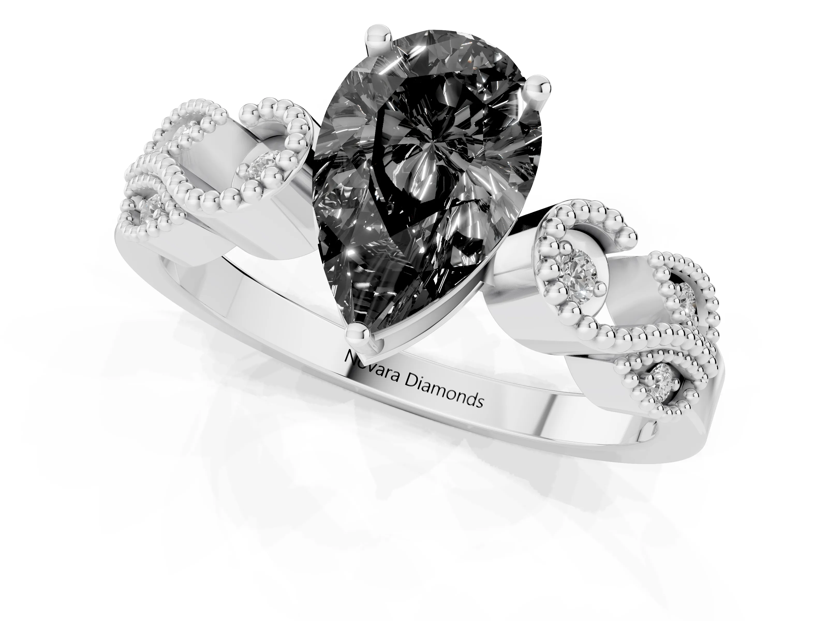 Fancy Black Pear Cut Diamond Milgrain Leaf Band Solitaire Ring Set in White gold with Accent Stones and Prong Setting