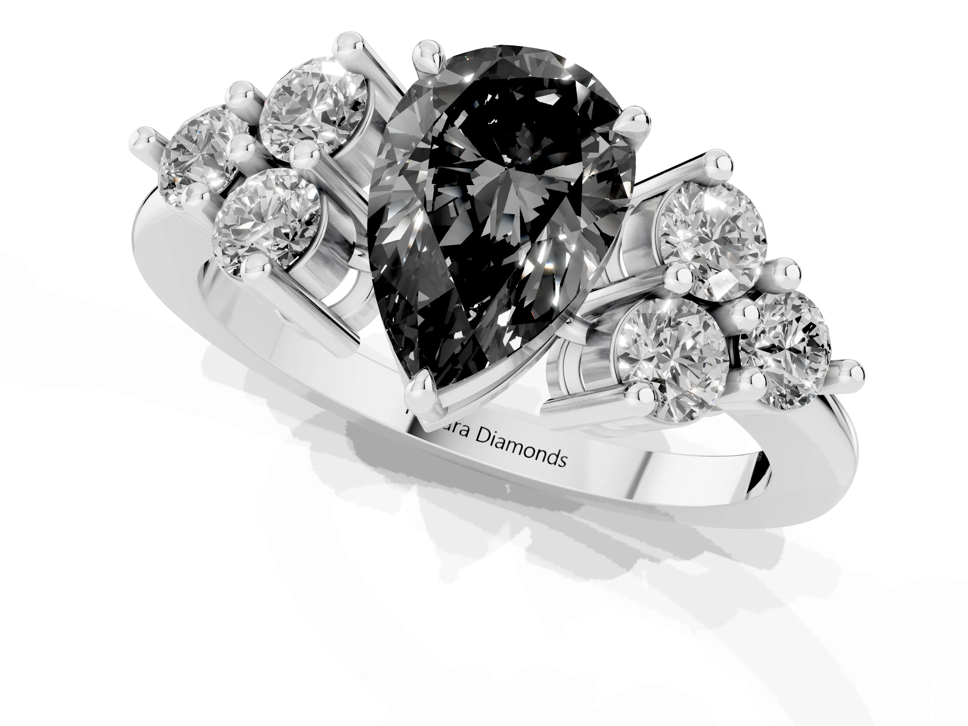 Fancy Black Pear Cut Diamond Solitaire Ring Set in Silver with Cluster Accents on Each Side