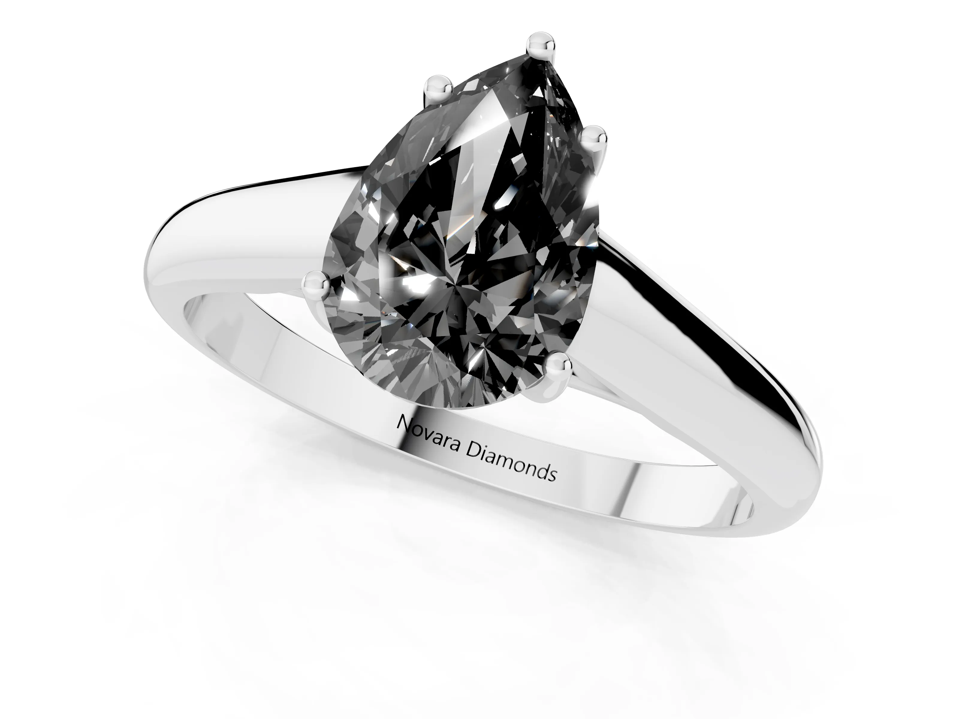 Fancy Black Pear Cut Diamond Solitaire Engagement Ring Set in Silver with Subtly Tapered Band and Prong Setting