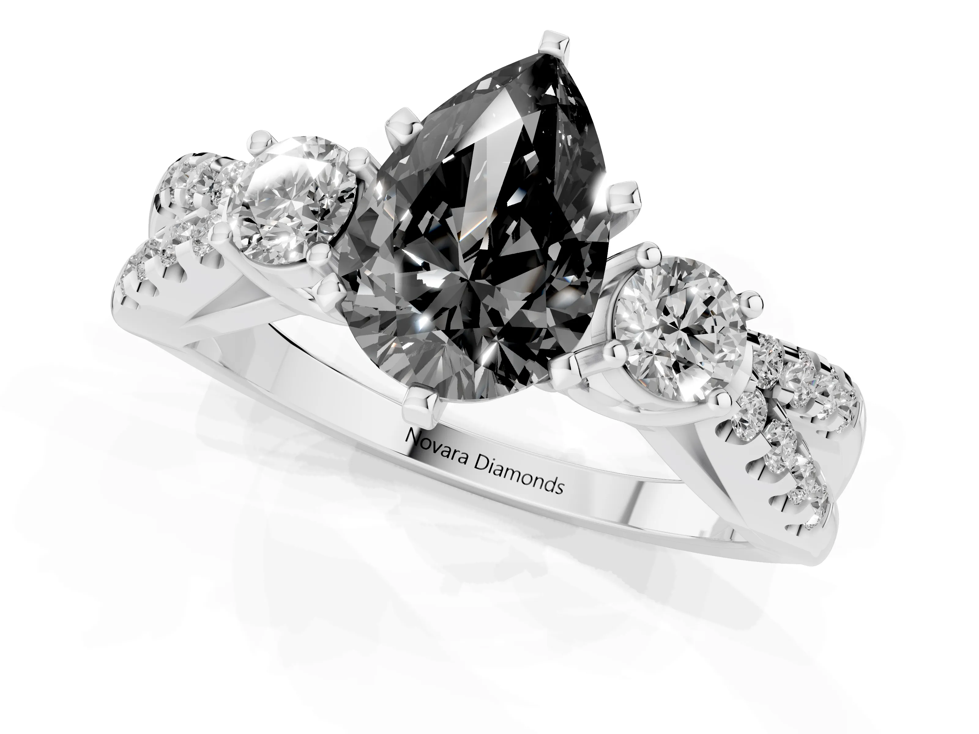 Fancy Black Pear Cut Diamond Three-Stone Ring Set in Platinum with Pavé Split Shank and Prong Setting
