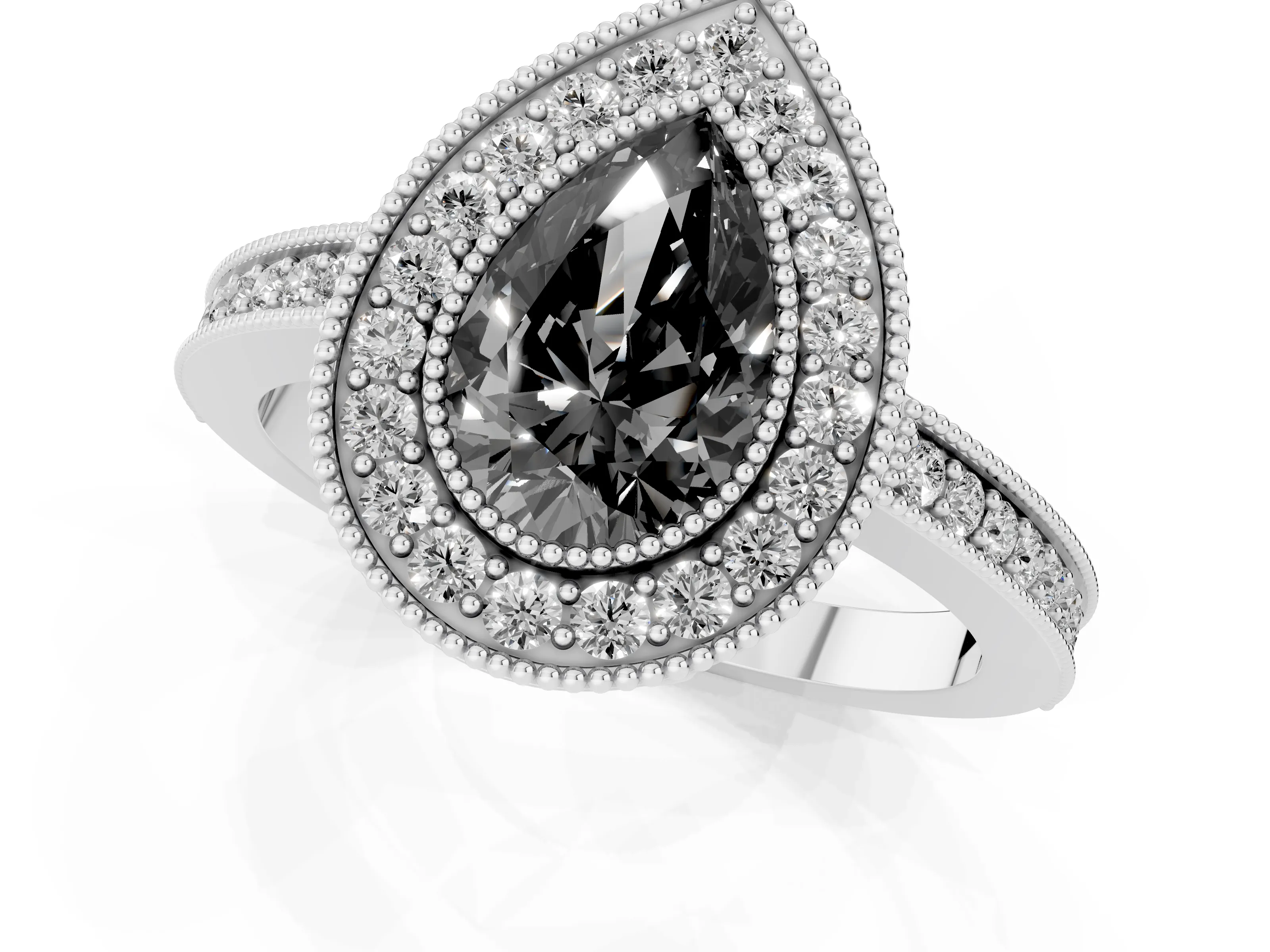 Fancy Black Pear Cut Diamond Round Halo Ring Set in White gold with Pavé Band