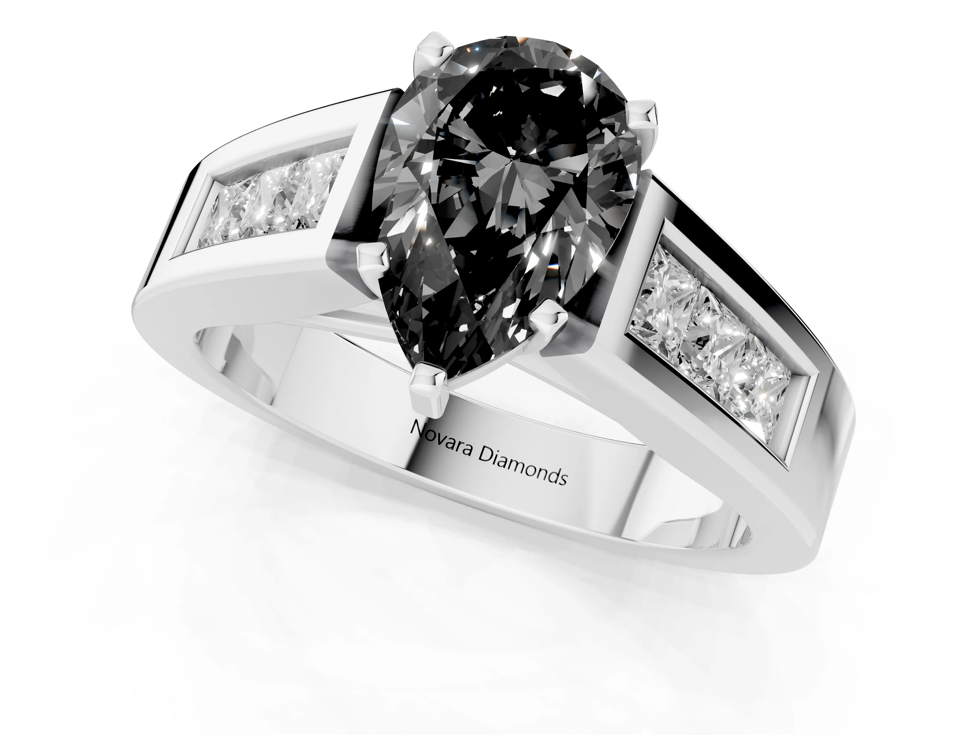 Fancy Black Pear Cut Diamond Solitaire Ring Set in White gold with Channel-Set Accent Stones and Prong Setting