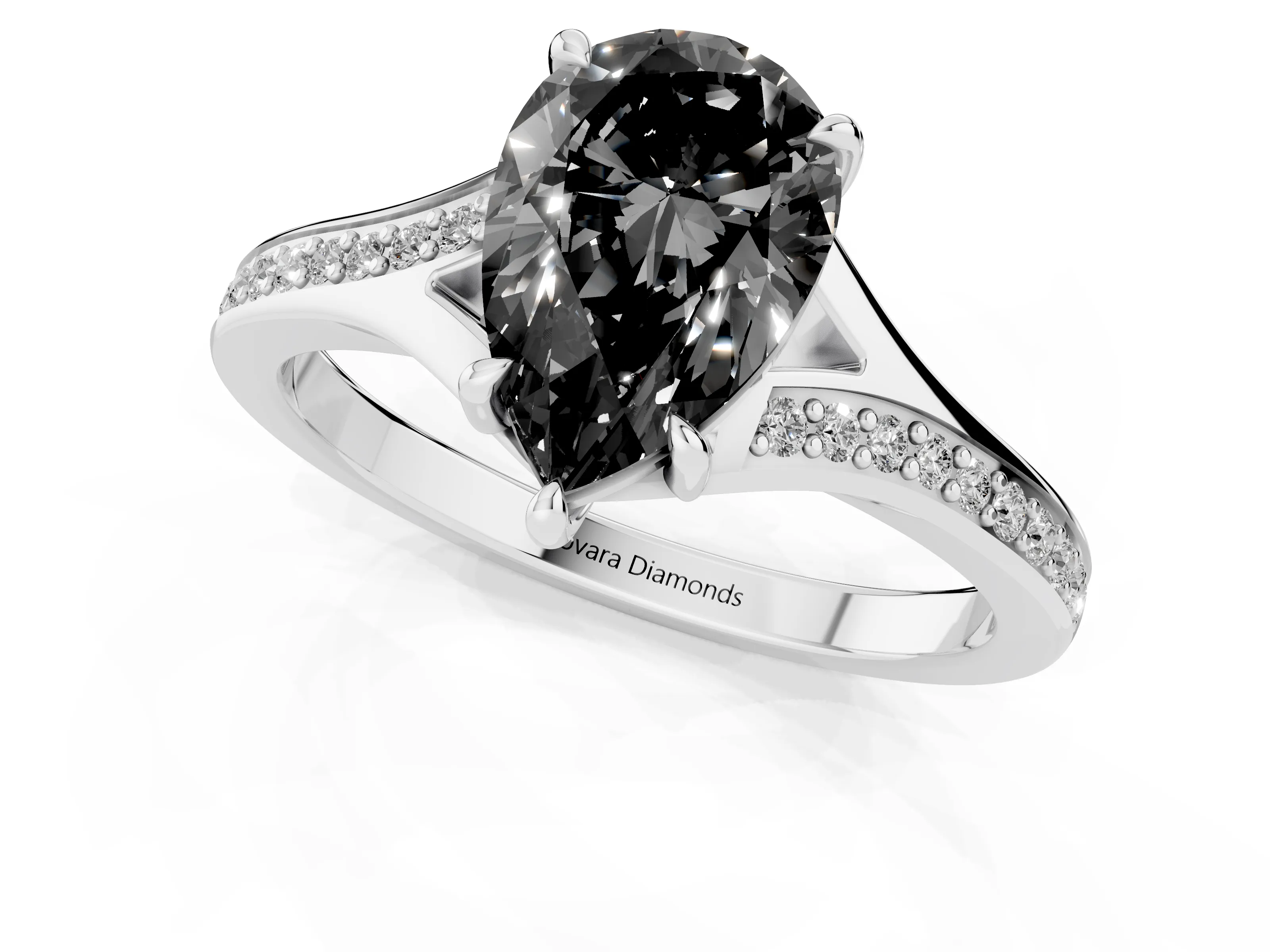 Fancy Black Pear Cut Diamond Solitaire Ring Set in Silver with Pavé Accent Band and Classic Prong Setting