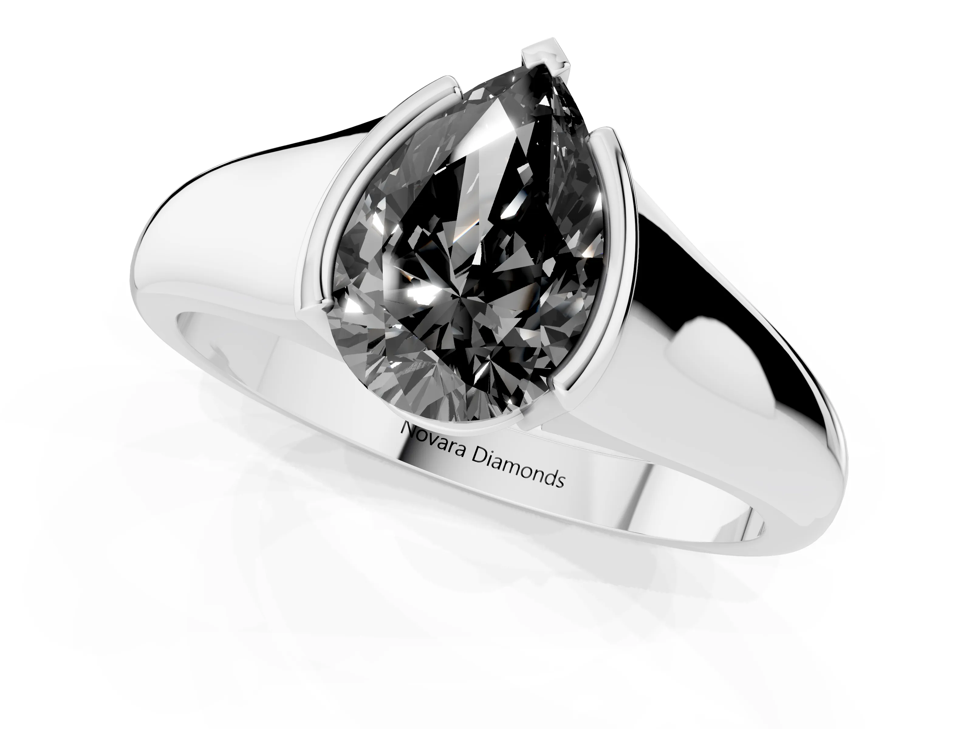 Fancy Black Pear Cut Diamond Solitaire Tension Set Ring Set in Silver with Split Shank Band