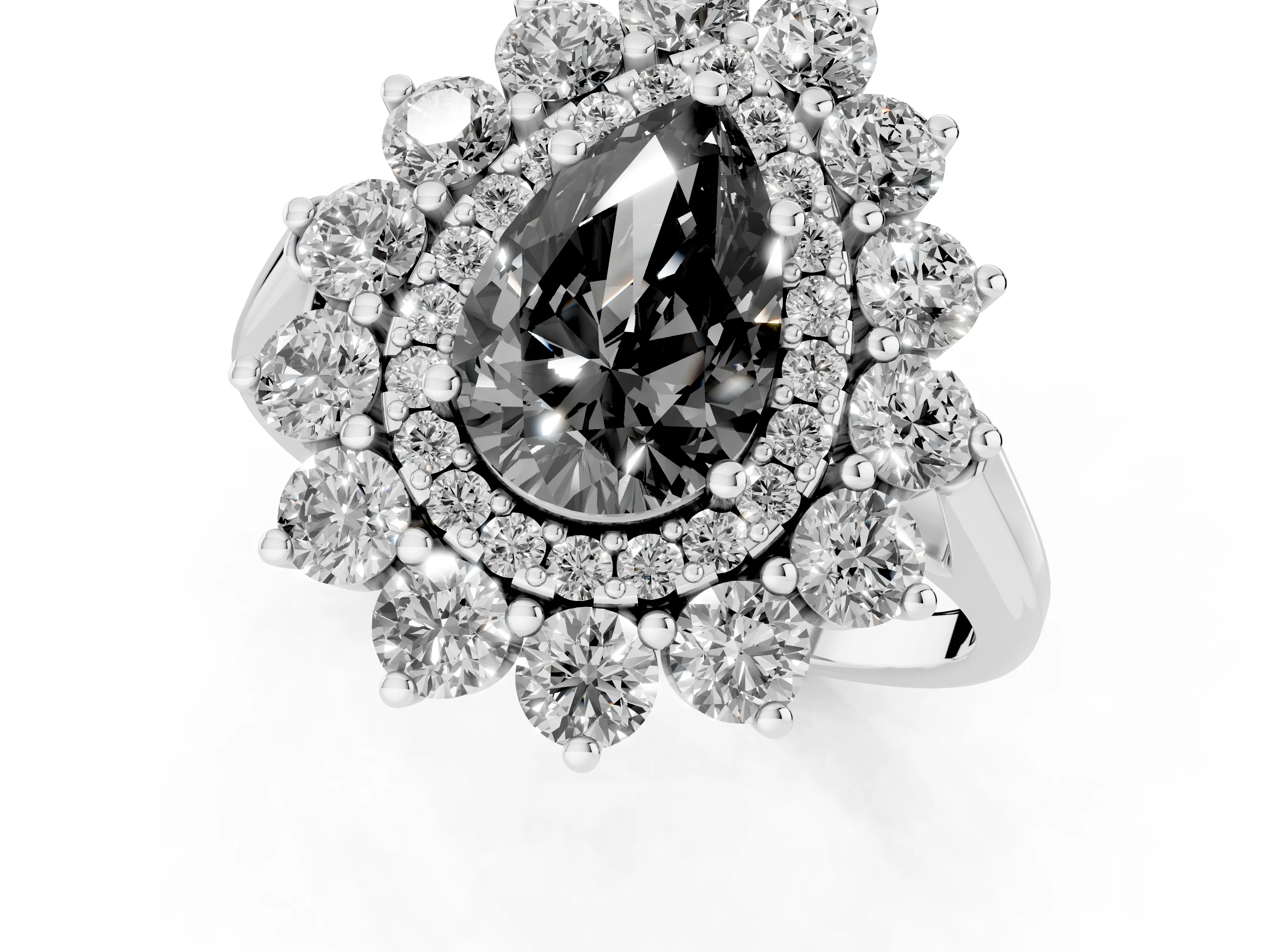 Fancy Black Pear Cut Diamond Floral Double Halo Ring Set in Silver with Round Petals