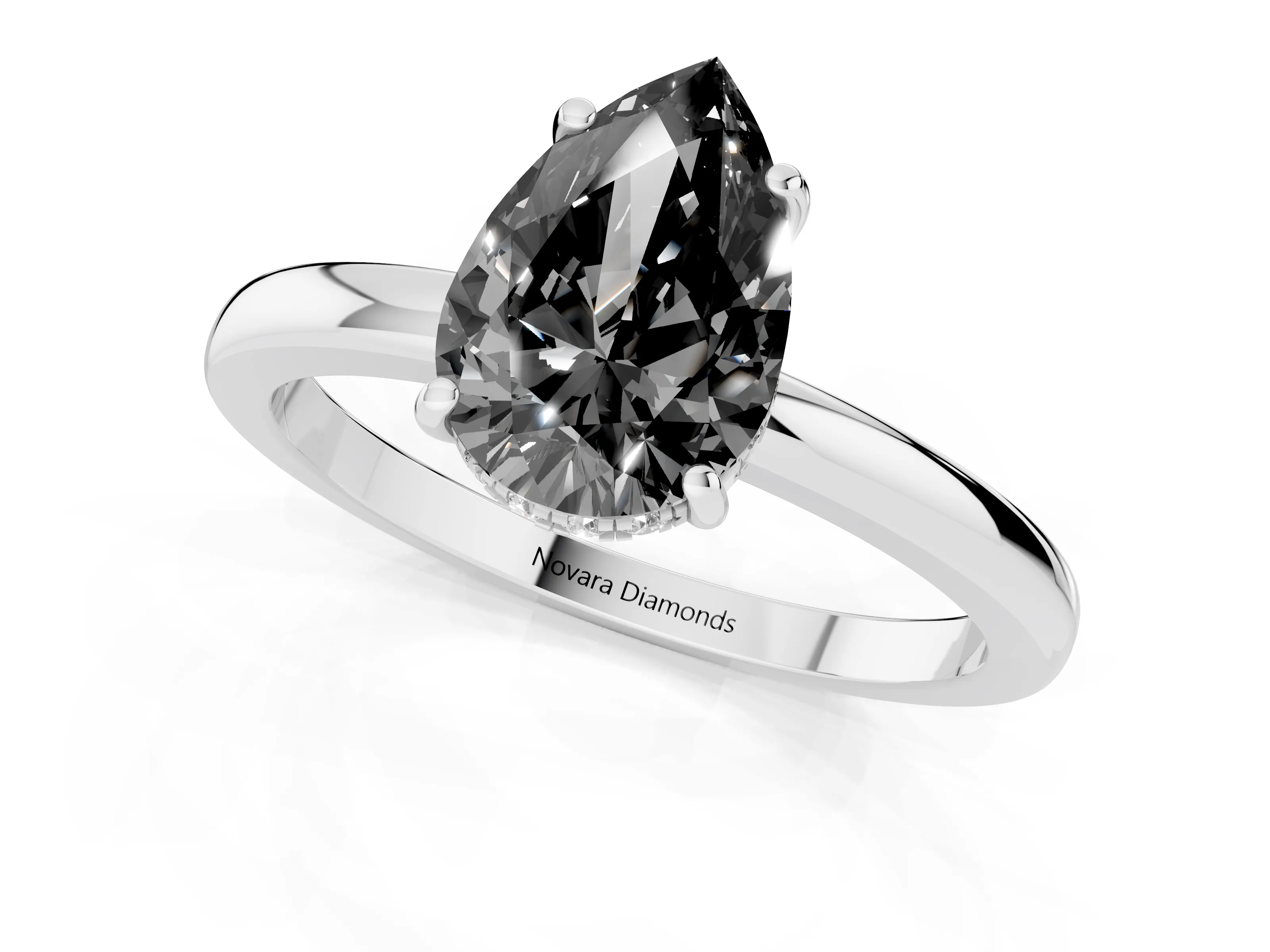 Fancy Black Pear Cut Diamond Solitaire Ring Set in Platinum with Plain Band and Prong Setting