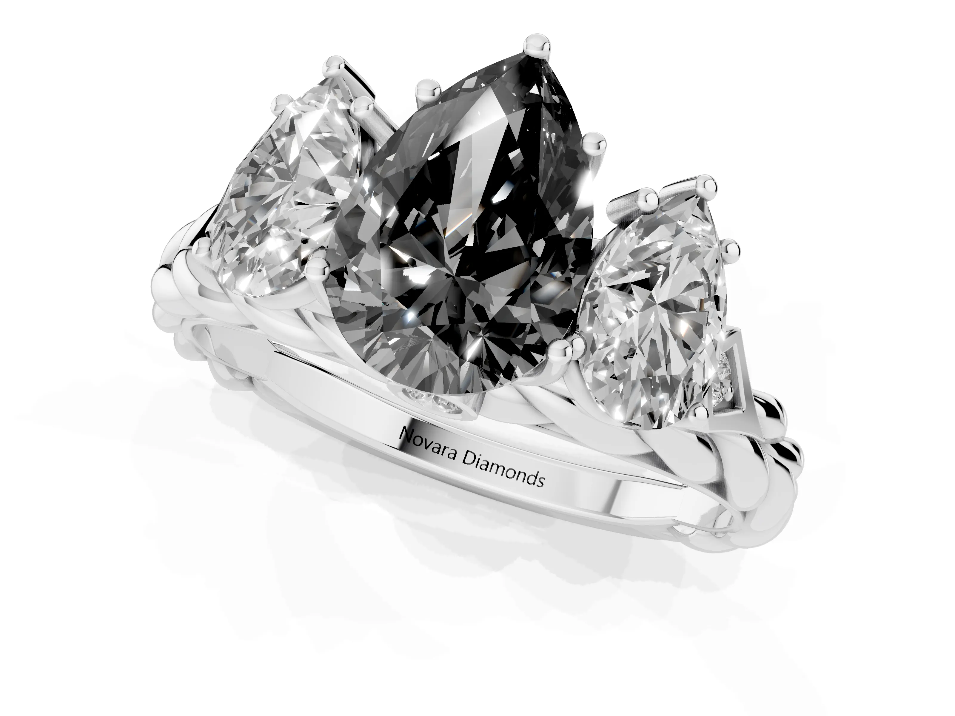 Fancy Black Pear Cut Diamond Three-Stone Ring Set in Silver with Braided Band