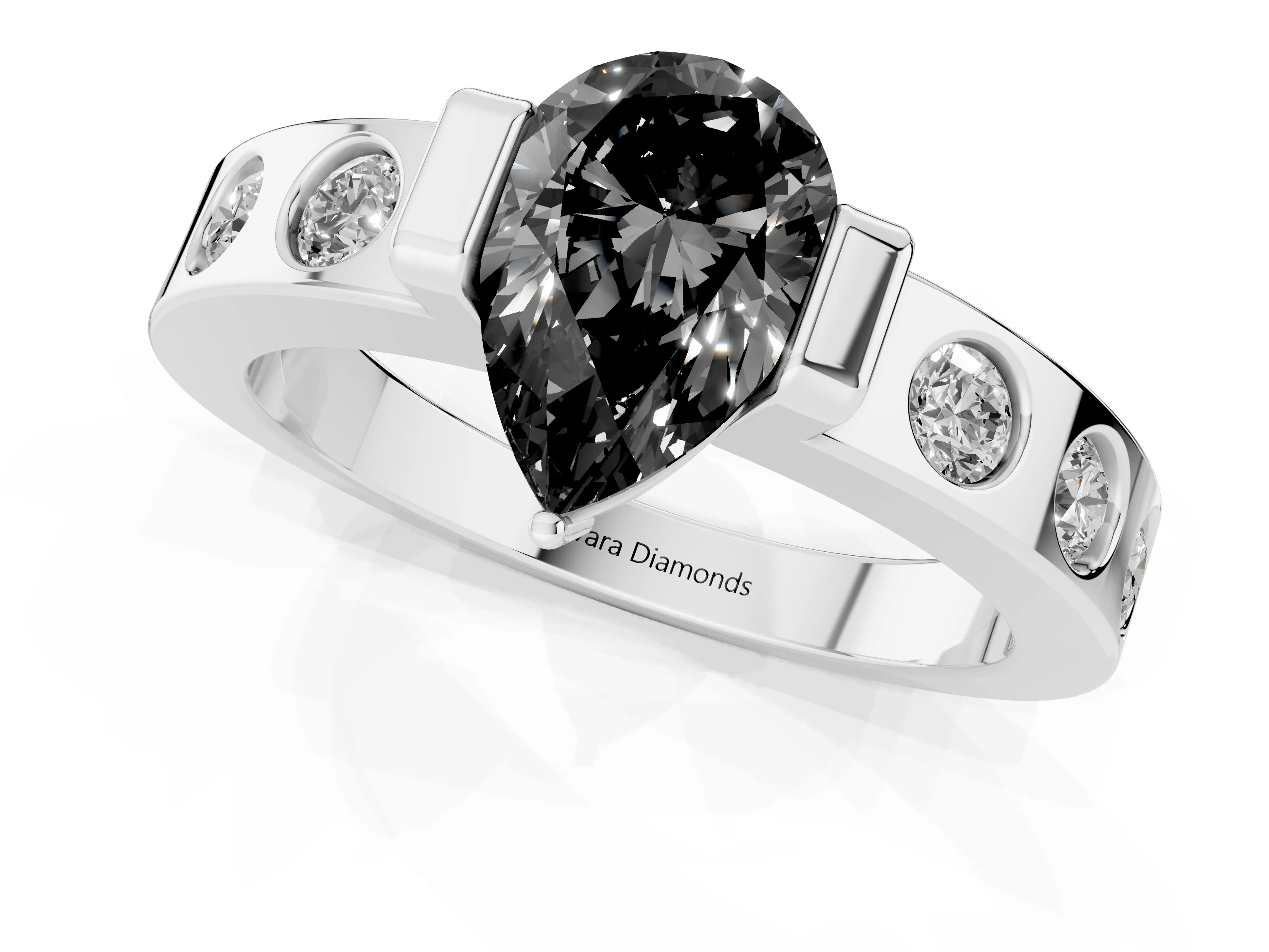 Fancy Black Pear Cut Diamond Channel-Set Band Ring Set in Platinum with Bezel Prong Setting