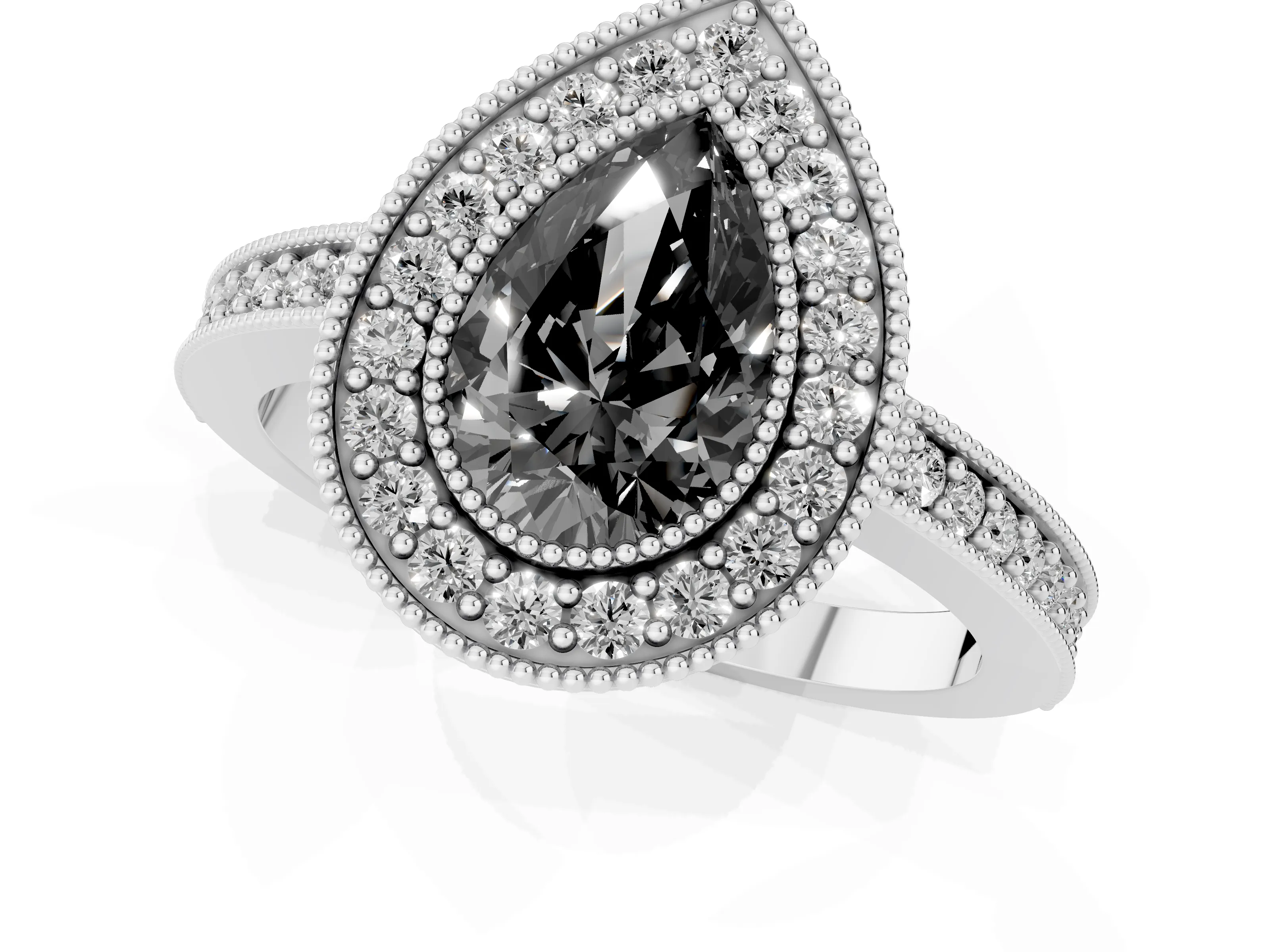 Fancy Black Pear Cut Diamond Halo Engagement Ring Set in Platinum with Pavé Band and Round Halo Stones