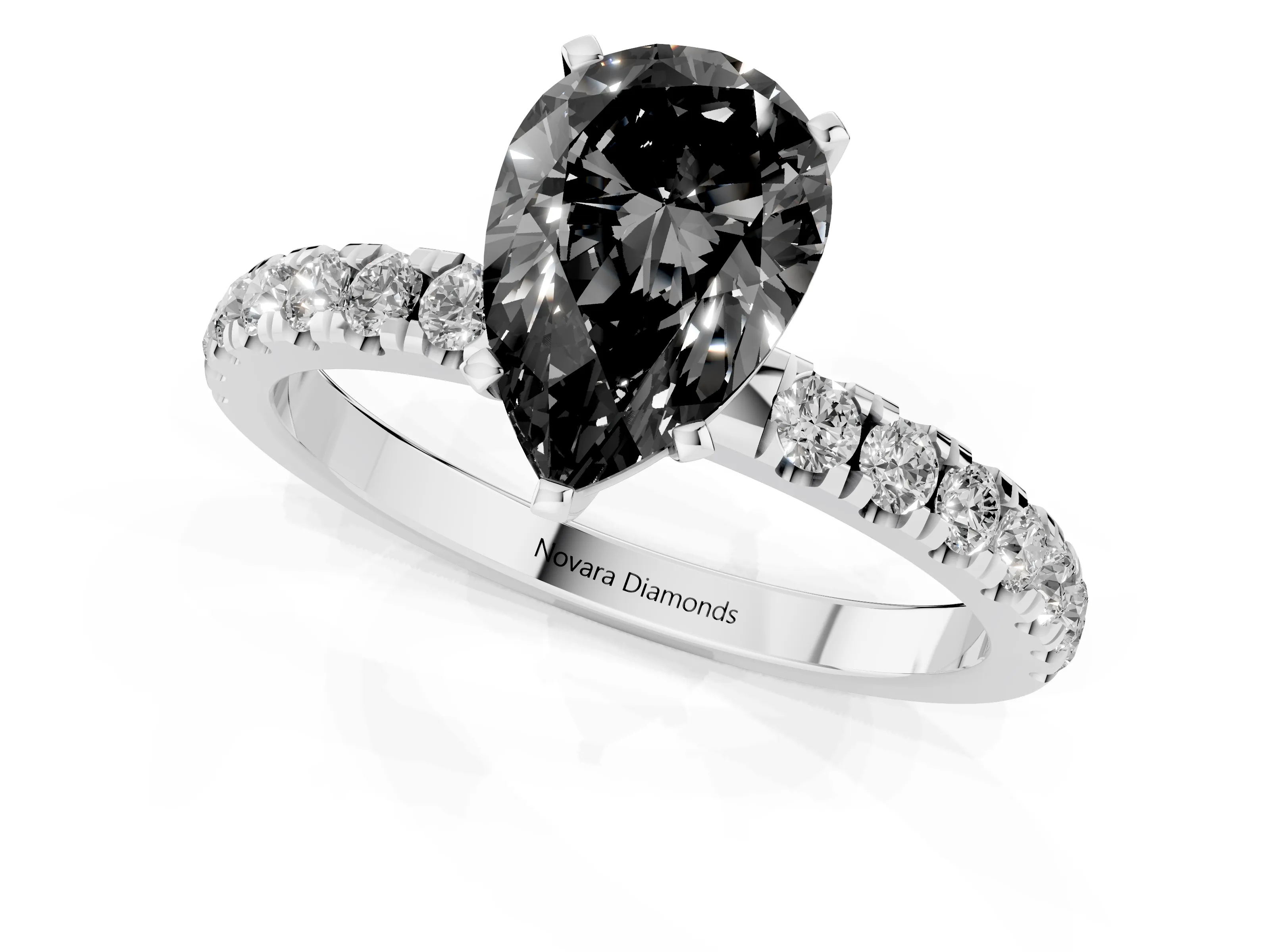 Fancy Black Pear Cut Diamond Solitaire Ring Set in Platinum with Pavé Accents and Prong Setting