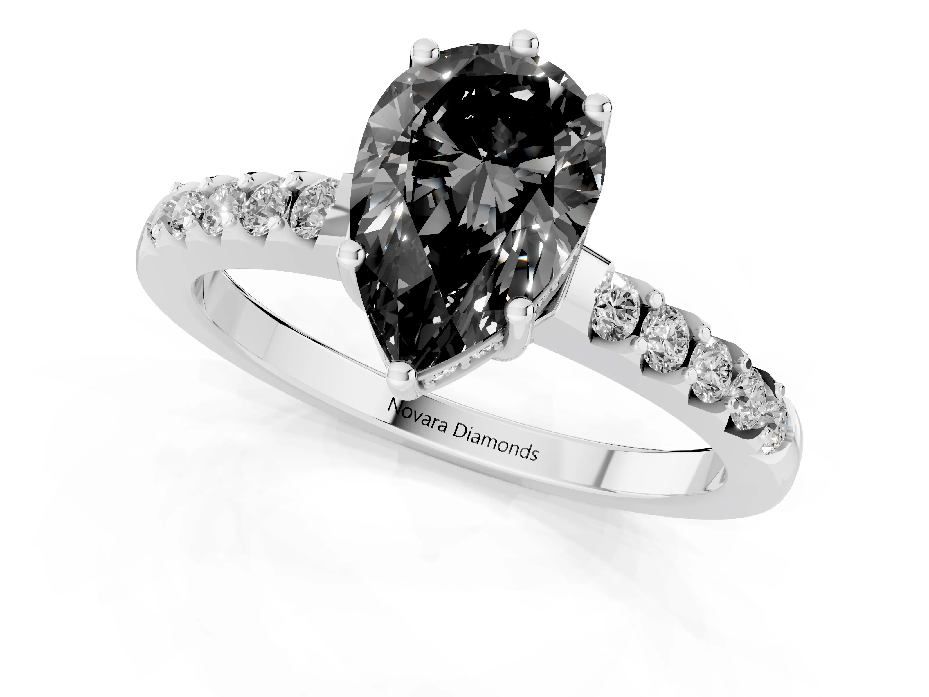 Fancy Black Pear Cut Diamond Solitaire Engagement Ring Set in Platinum with Pavé Band and Prong Setting