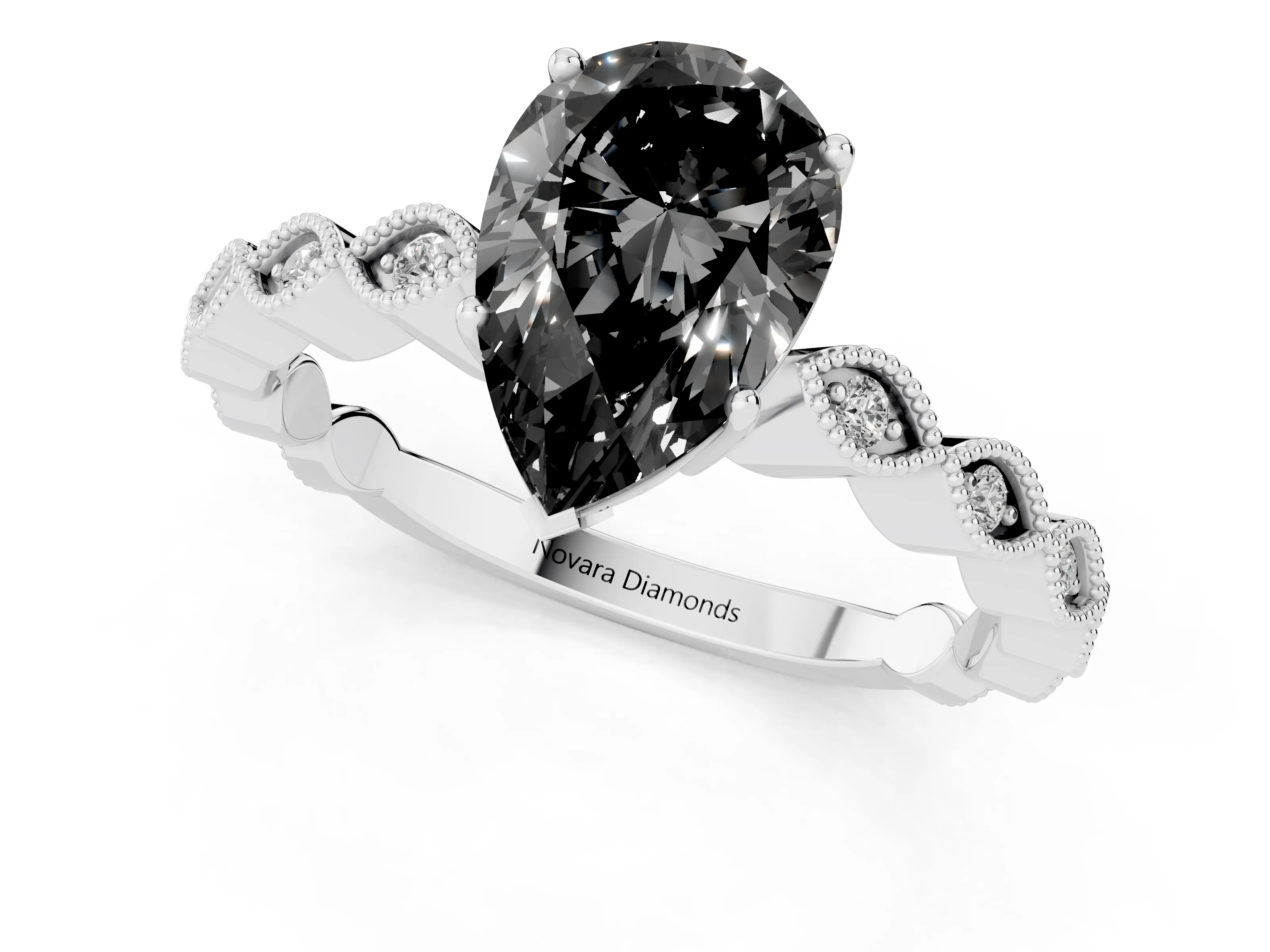Fancy Black Pear Cut Diamond Solitaire Ring Set in Platinum with Infinity Twist Pavé Band