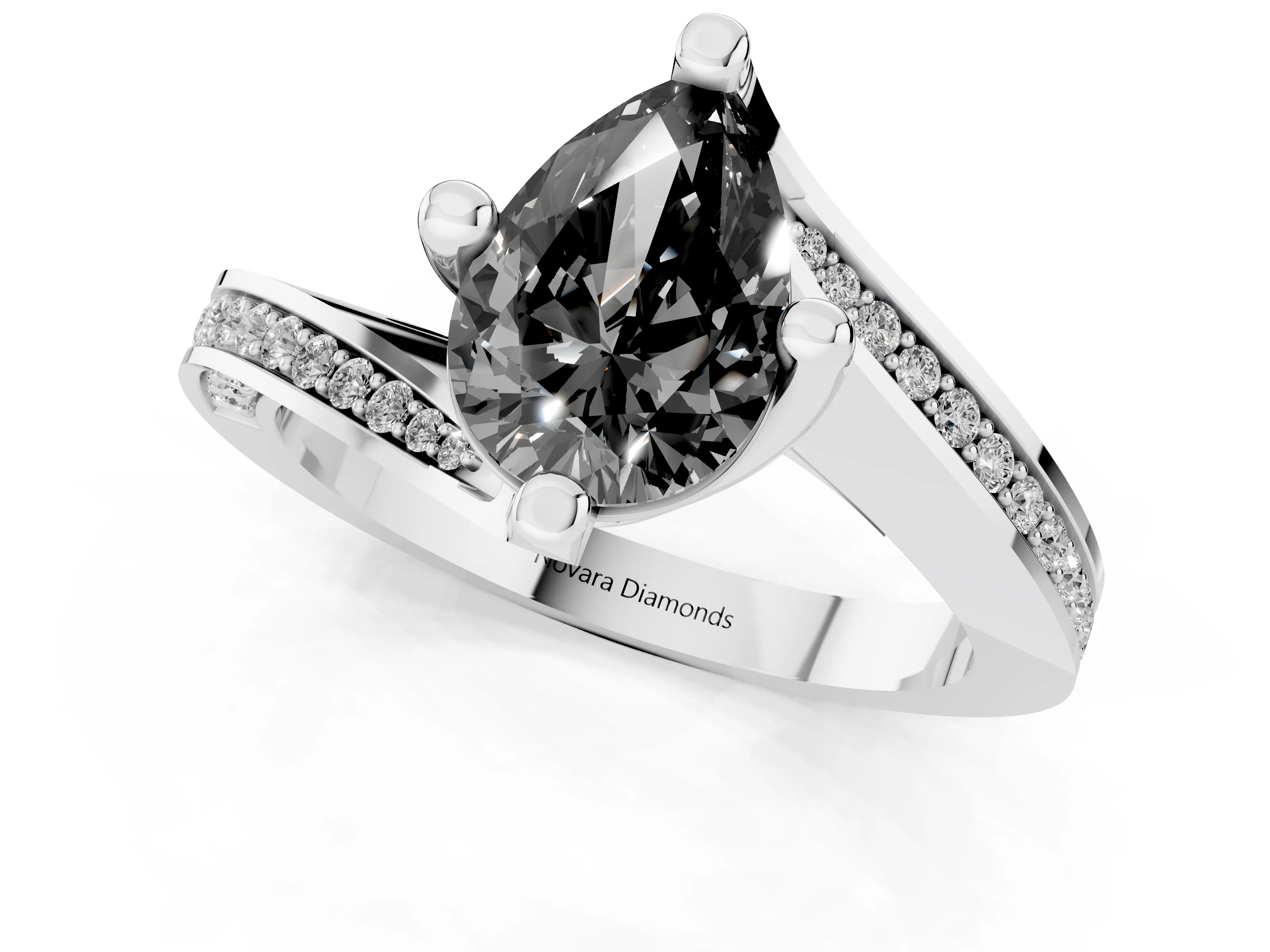 Fancy Black Pear Cut Diamond Solitaire Ring Set in White gold with Intertwined Pavé Twist Band