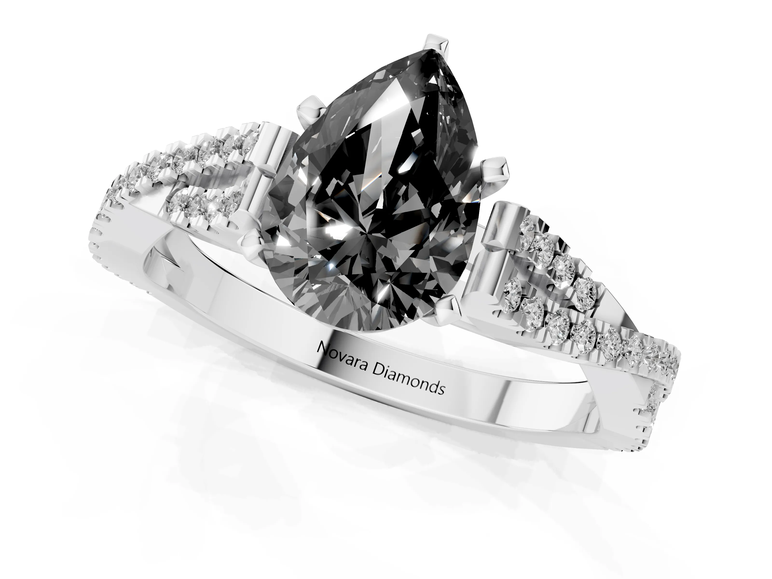 Fancy Black Pear Cut Diamond Solitaire Engagement Ring Set in White gold with Twisted Pavé Band and Prong Setting