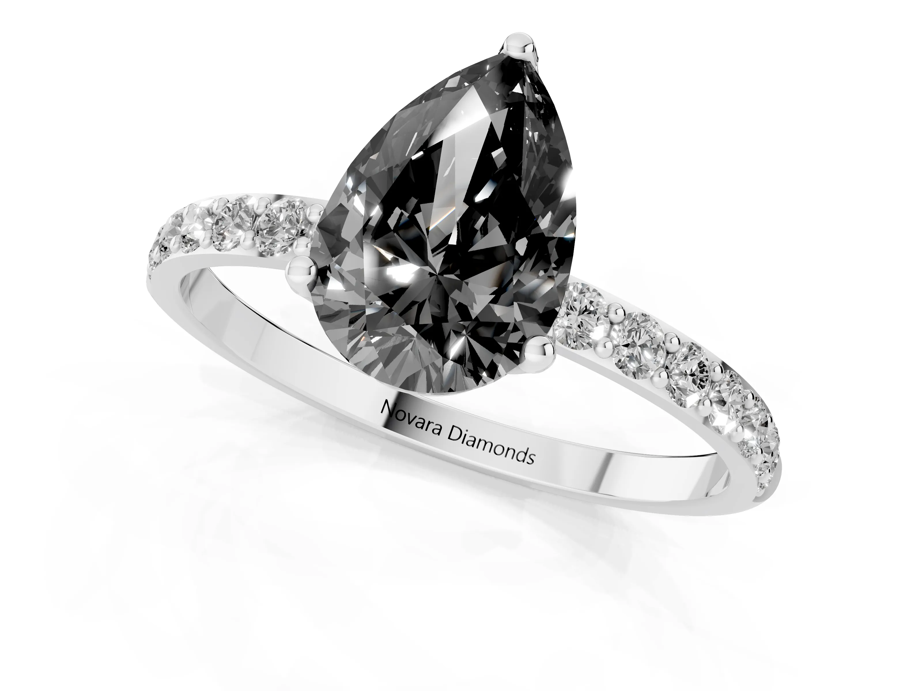 Fancy Black Pear Cut Diamond Solitaire Engagement Ring Set in Silver with Round Pavé Band and Prong Setting