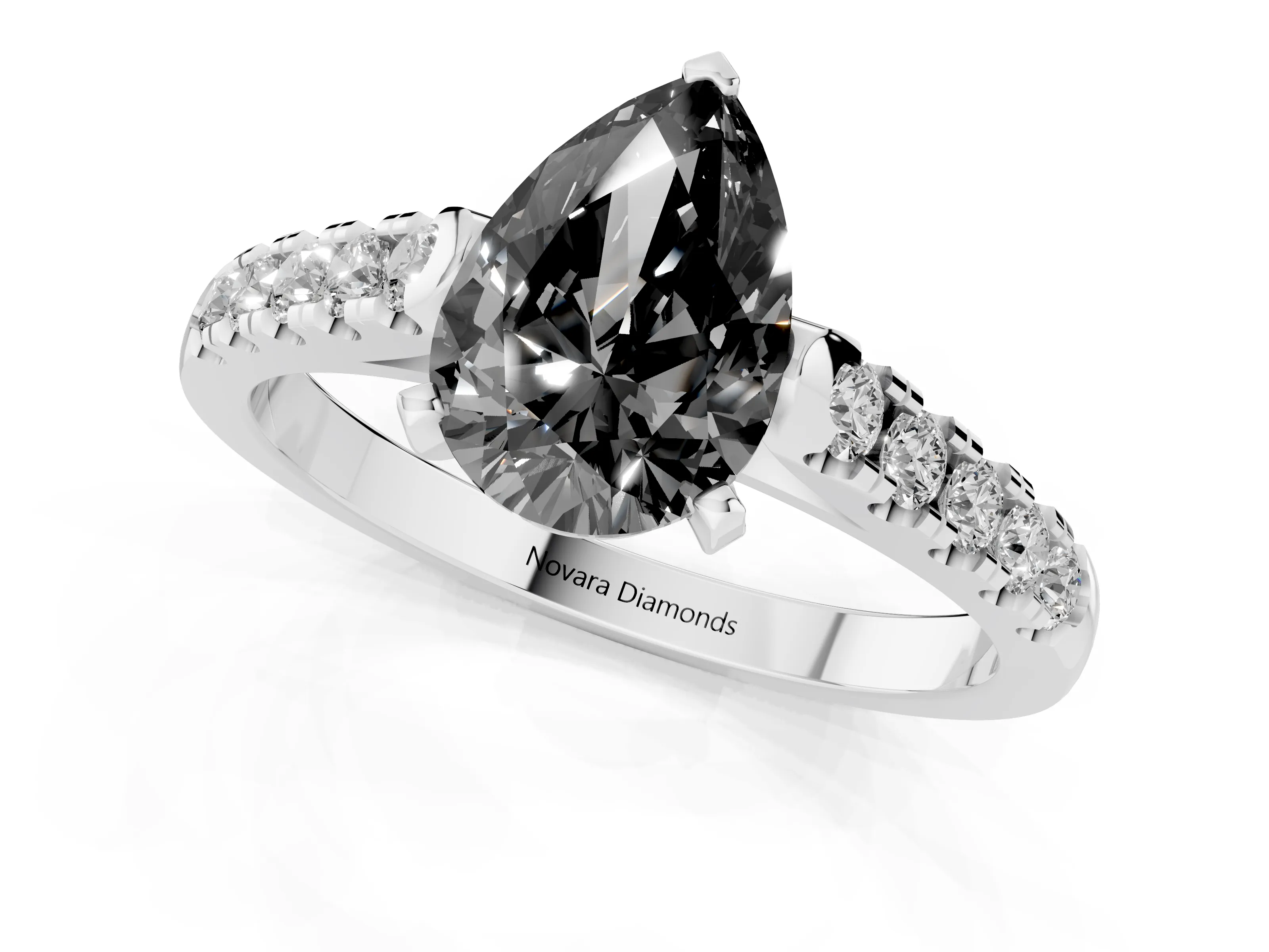 Fancy Black Pear Cut Diamond Pavé Band Solitaire Ring Set in White gold with Partway Accent Stones and Prong Setting
