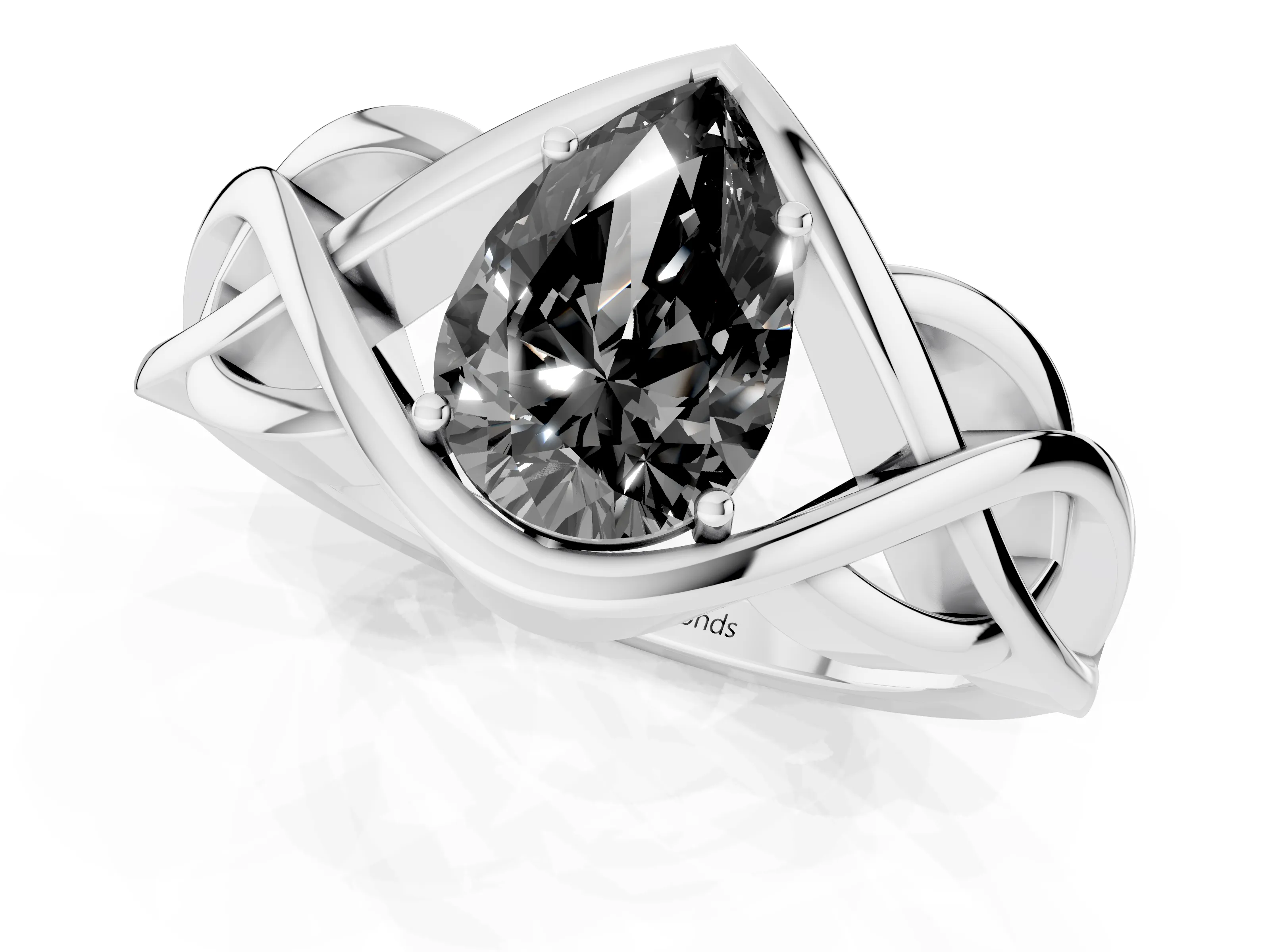 Fancy Black Pear Cut Diamond Solitaire Ring Set in Platinum with Intertwined Band