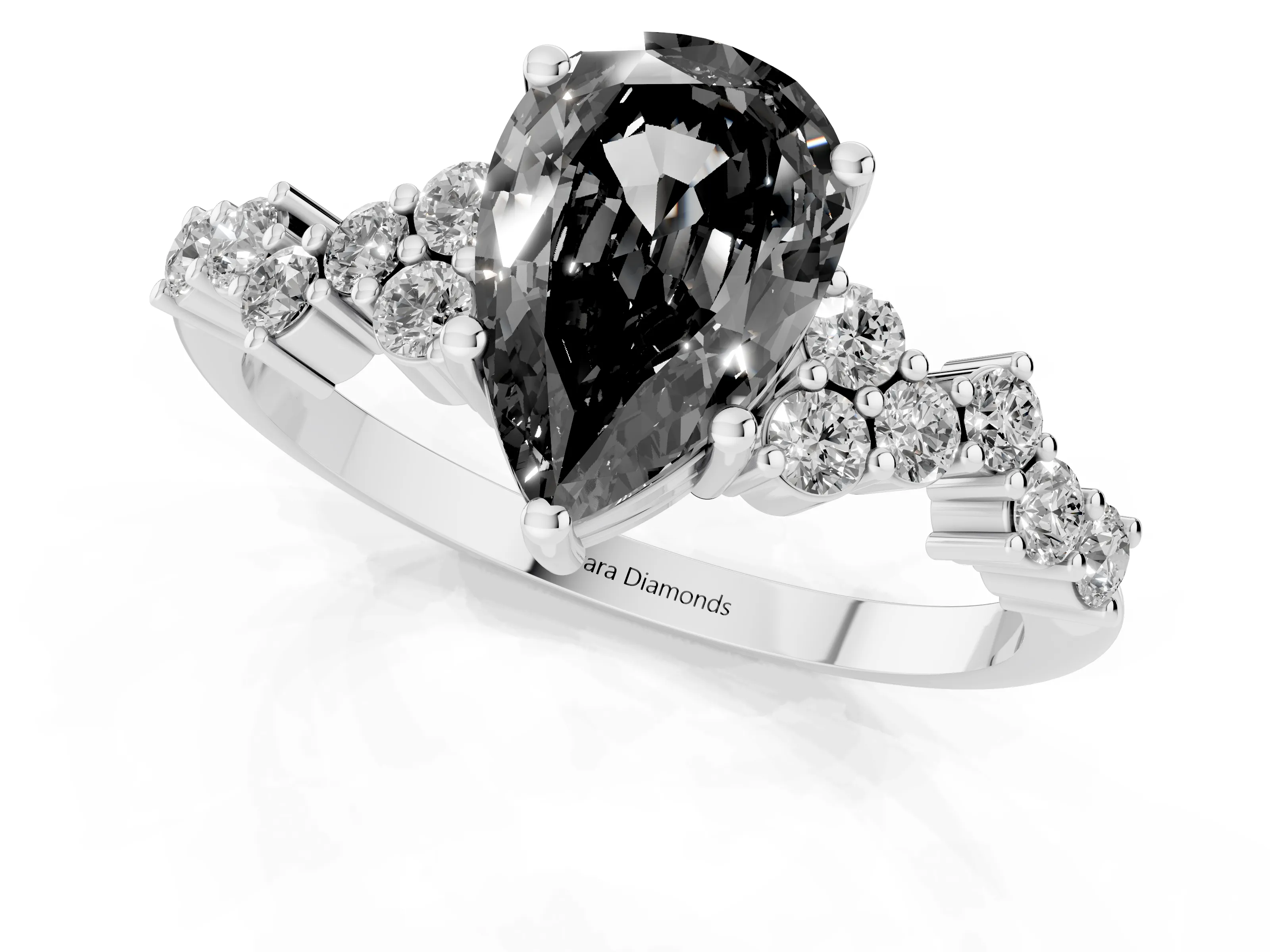 Fancy Black Pear Cut Diamond Ring Set in Platinum with Scattered Round Accents