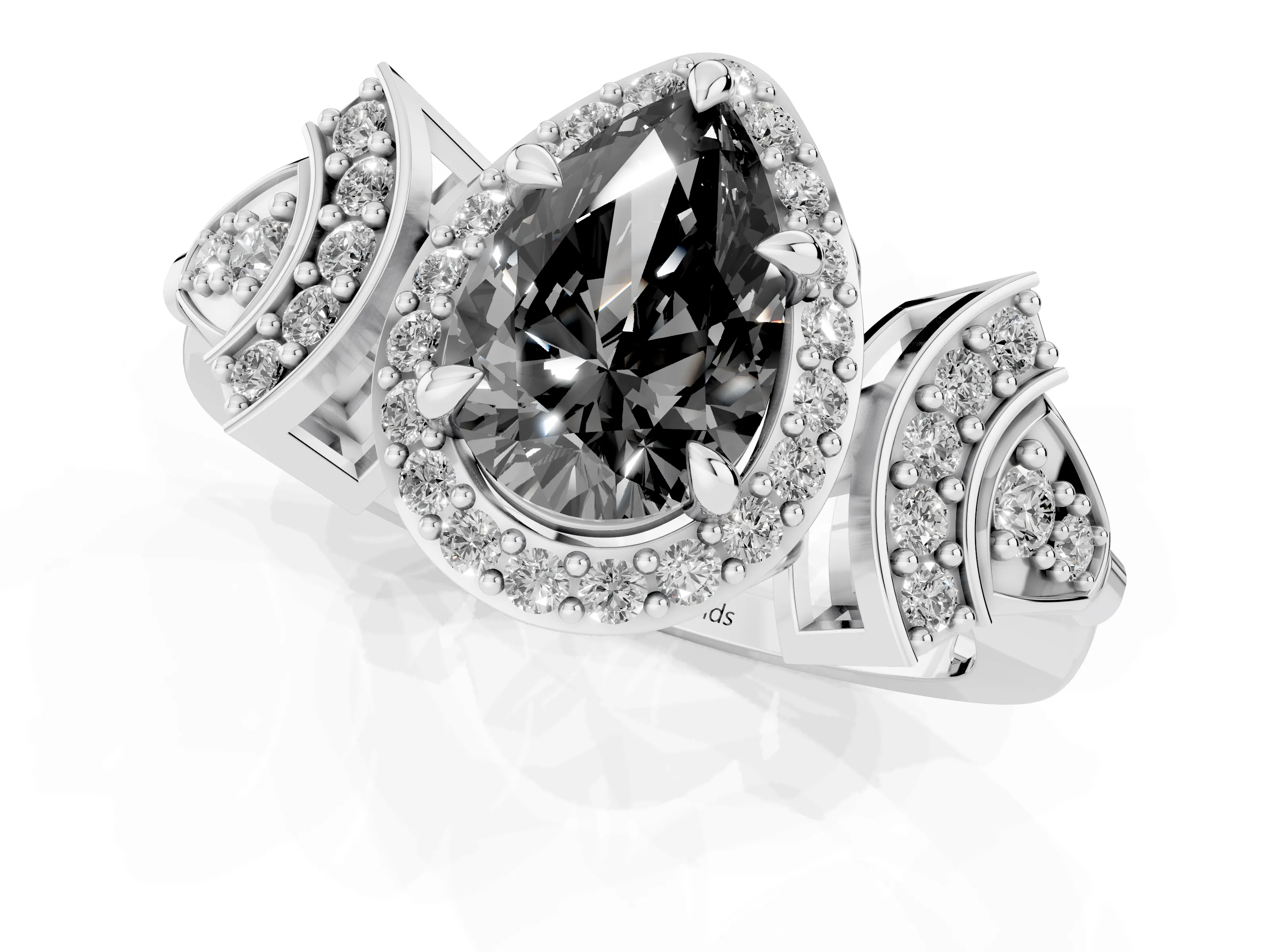 Fancy Black Pear Cut Diamond Halo Engagement Ring Set in Silver with Accent Stone Split Shank