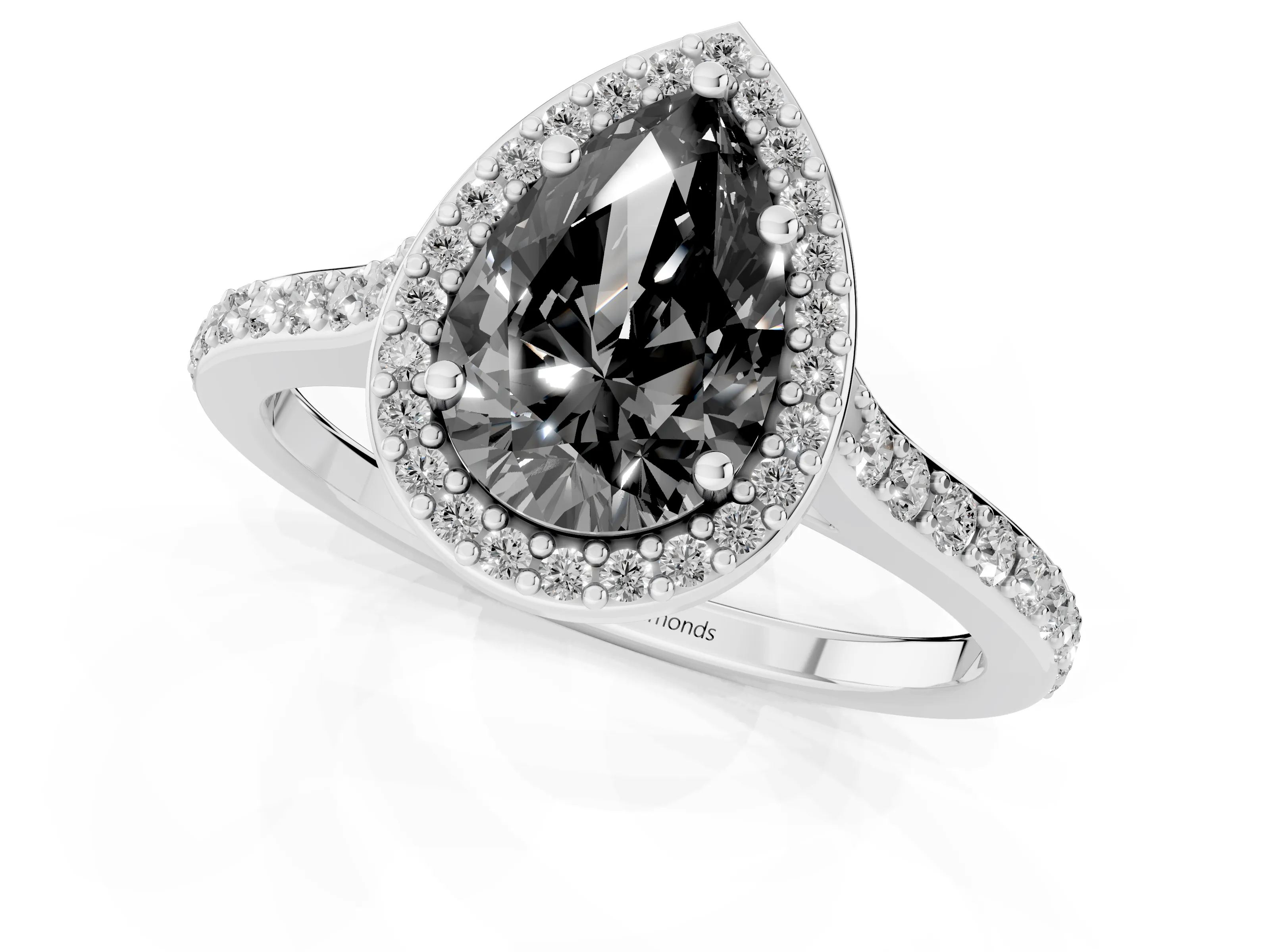 Fancy Black Pear Cut Diamond Halo Engagement Ring Set in Platinum with Round Pavé Shoulders and Heart Gallery – second view