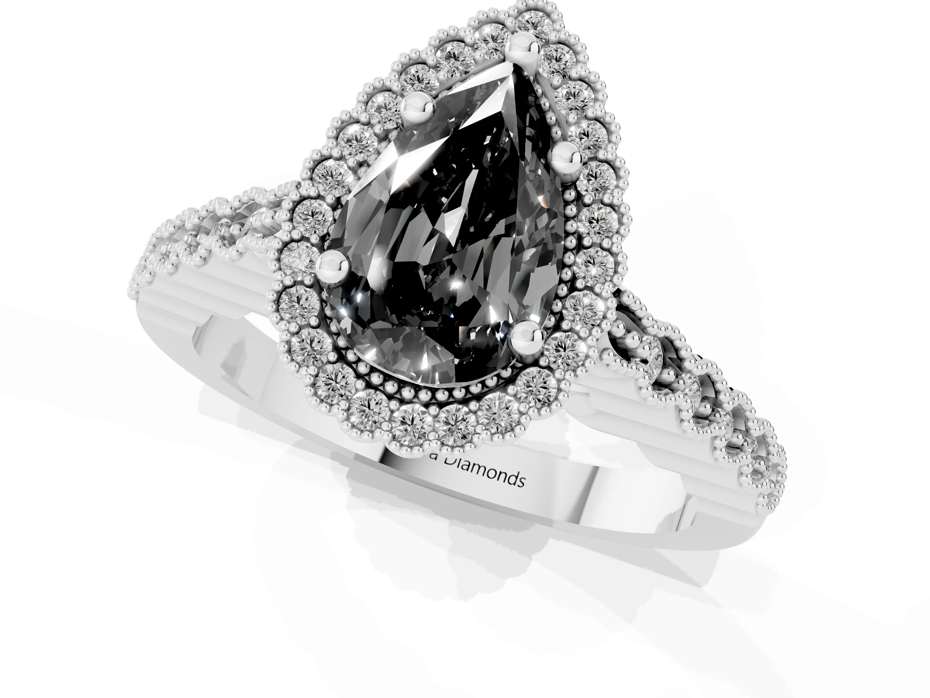Fancy Black Pear Cut Diamond Halo Ring Set in Platinum with Pavé Milgrain Band