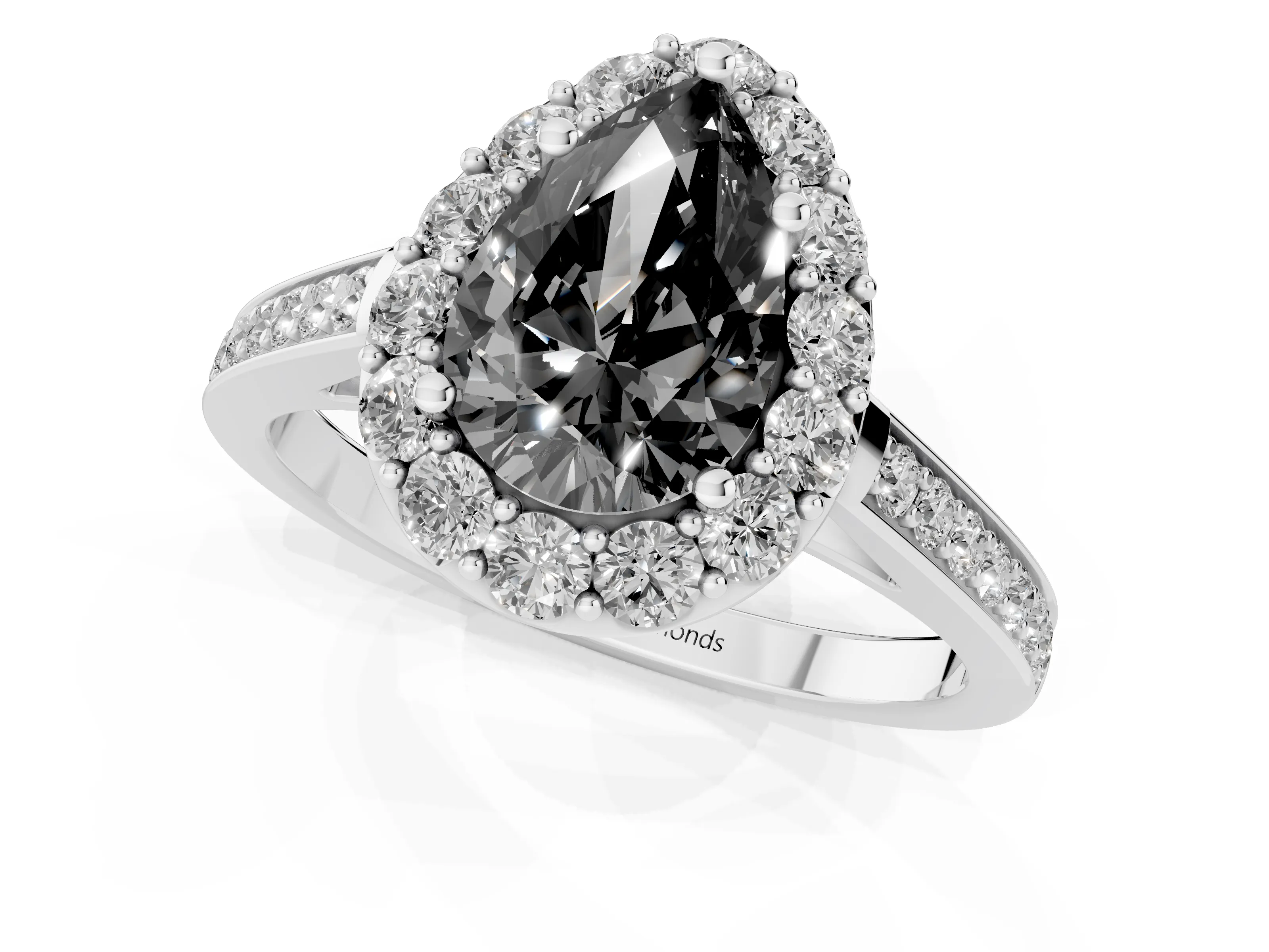 Fancy Black Pear Cut Diamond Floral Halo Ring Set in Silver with Pavé Band and Prong Setting