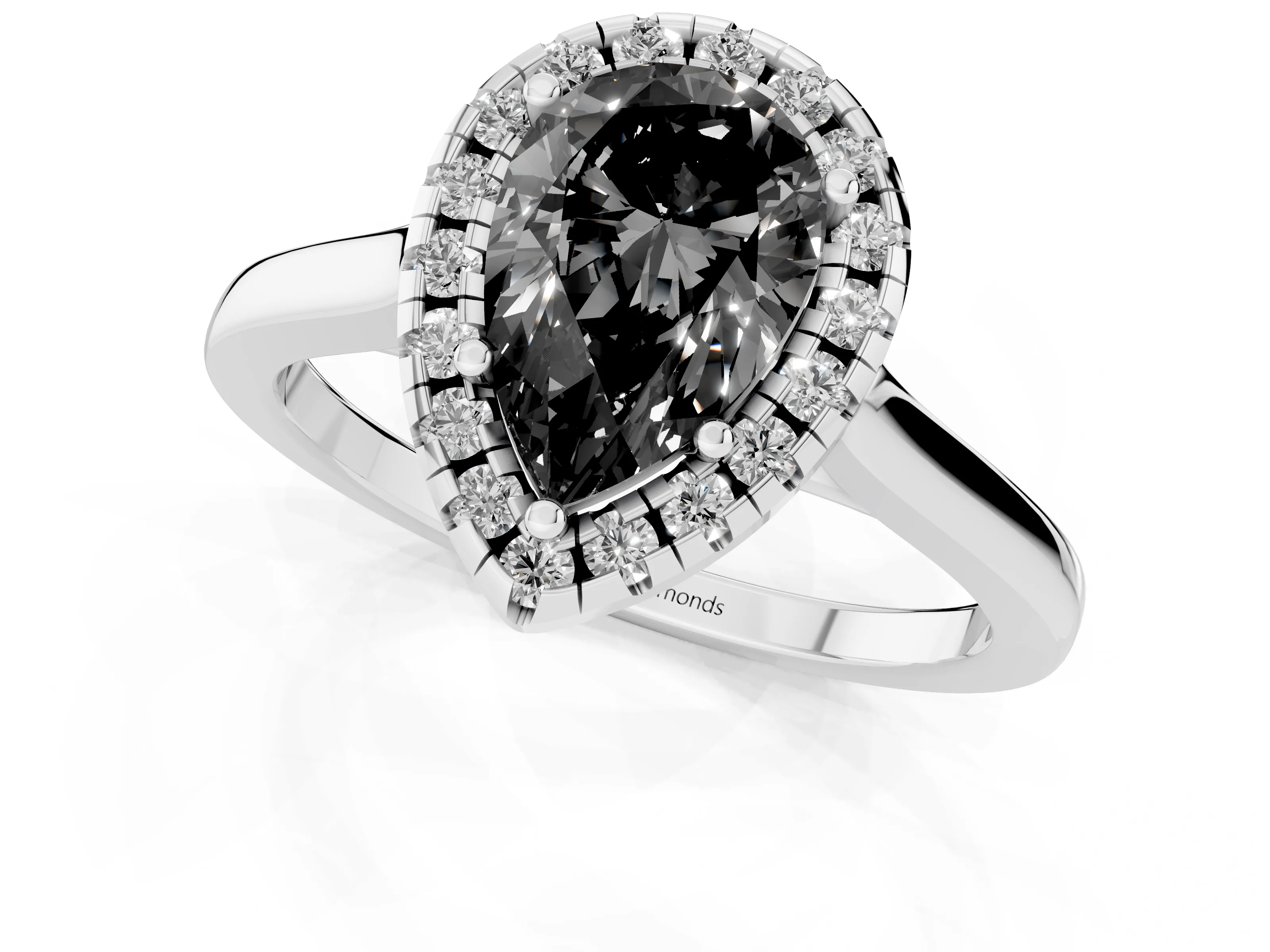 Fancy Black Pear Cut Halo Round Diamond Solitaire Ring Set in Platinum with Pavé Band and Prong Setting