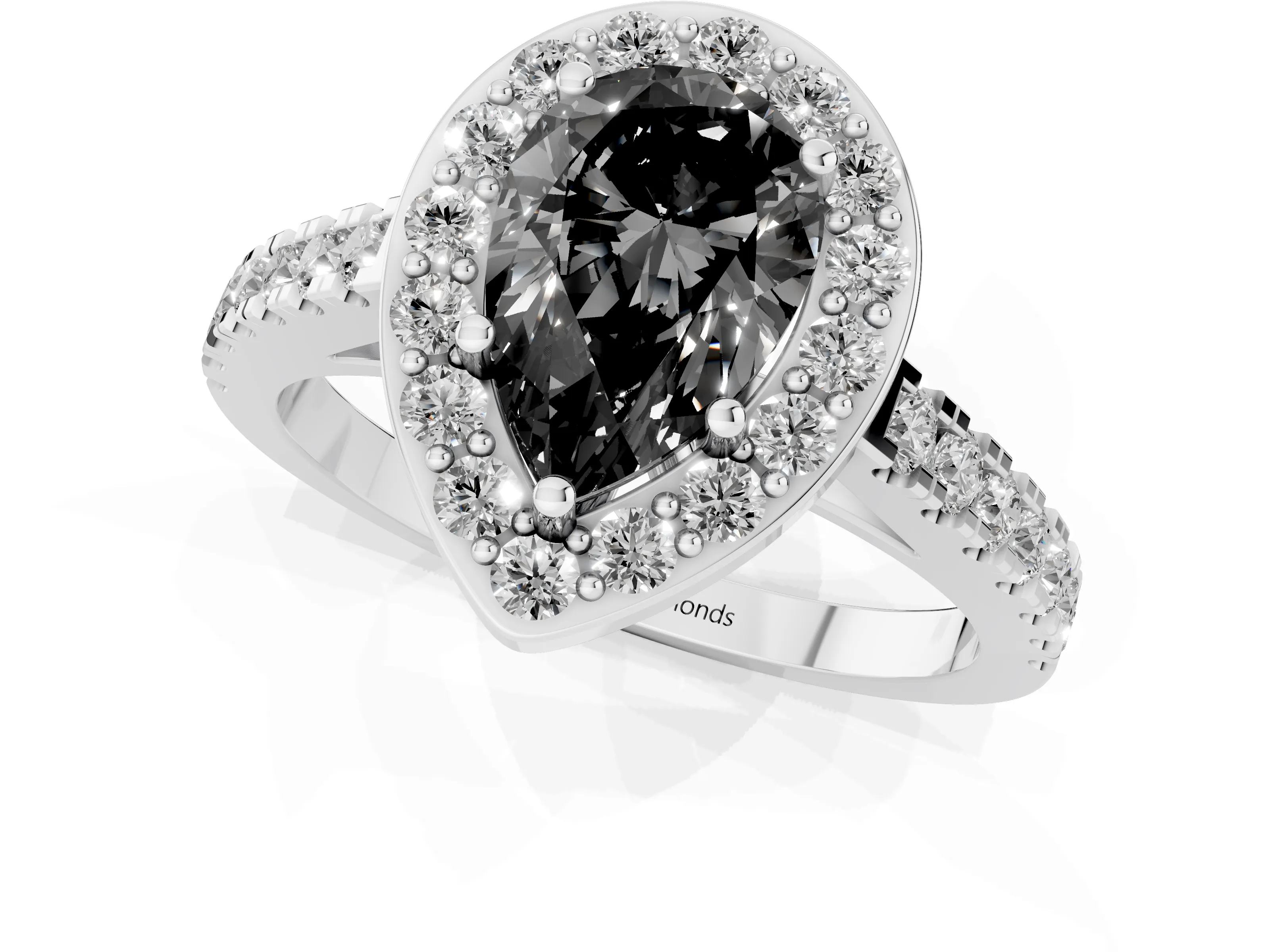 Fancy Black Pear Cut Diamond Halo Ring Set in White gold with Round Pavé Split Shank and Prong Setting
