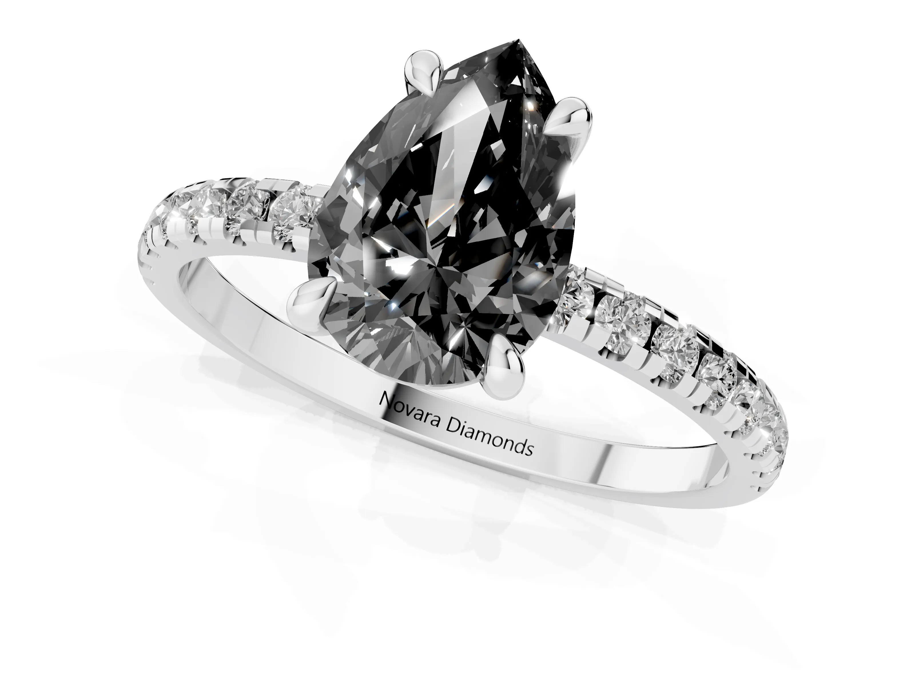 Fancy Black Pear Cut Diamond Brilliant Solitaire Ring Set in White gold with Pavé Band and Prong Setting