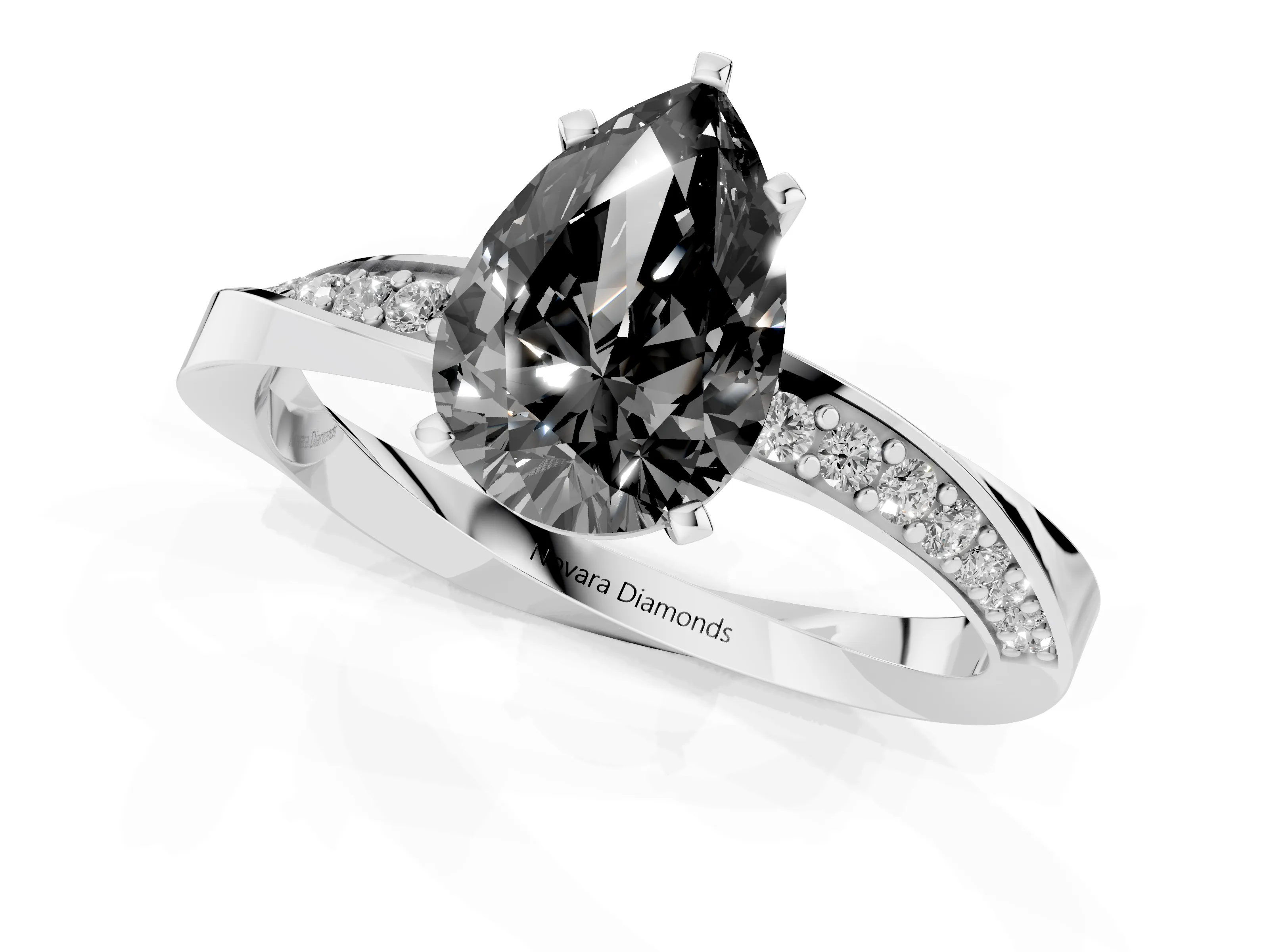 Fancy Black Pear Cut Diamond Engagement Ring Set in Platinum with Side Stone Accents and Prong Setting