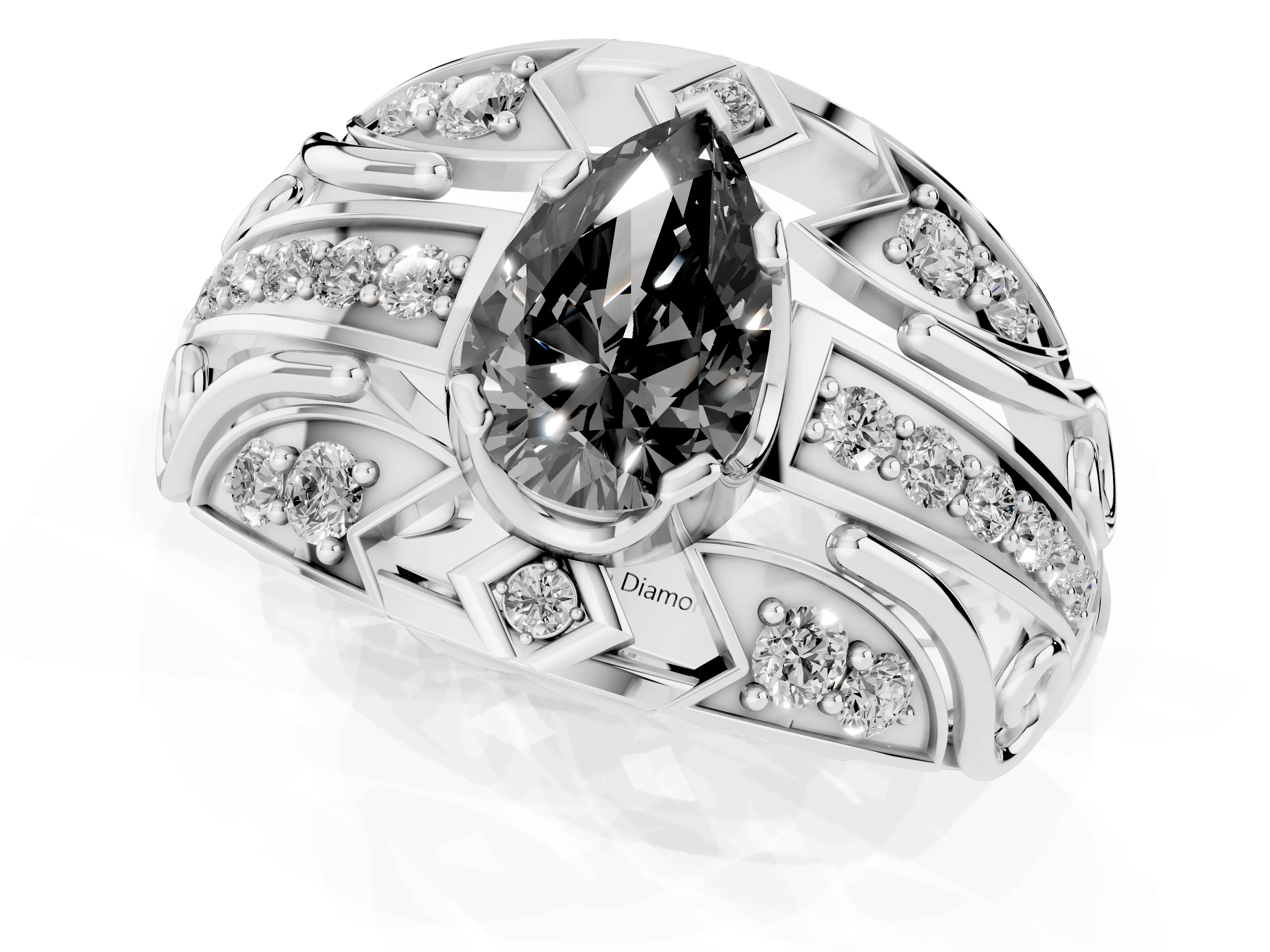 Fancy Black Pear Cut Diamond Art Deco Ring Set in White gold with Pavé Split Shank