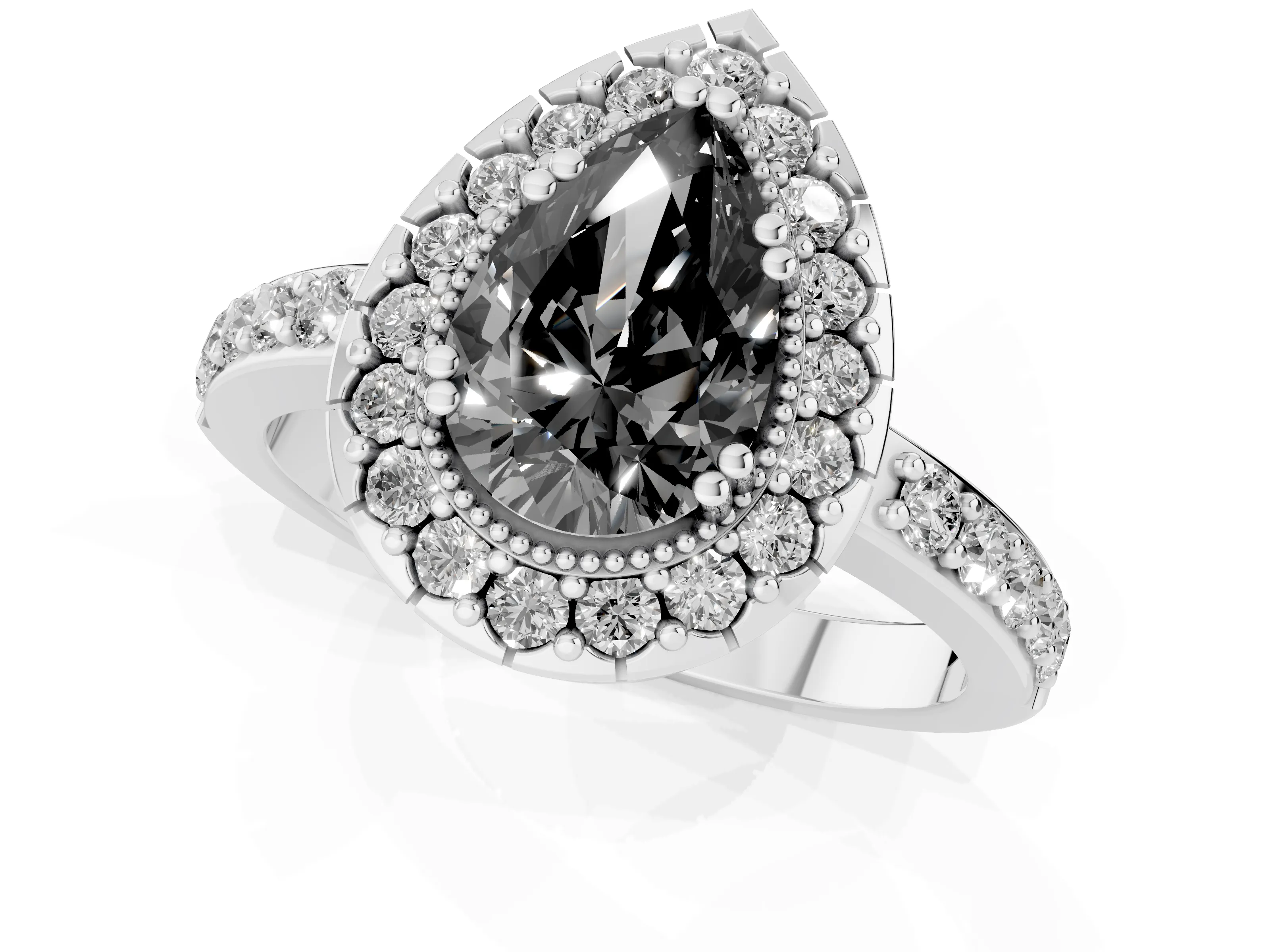 Fancy Black Pear Cut Diamond Halo Ring Set in White gold with Pavé Shank and Prong Setting