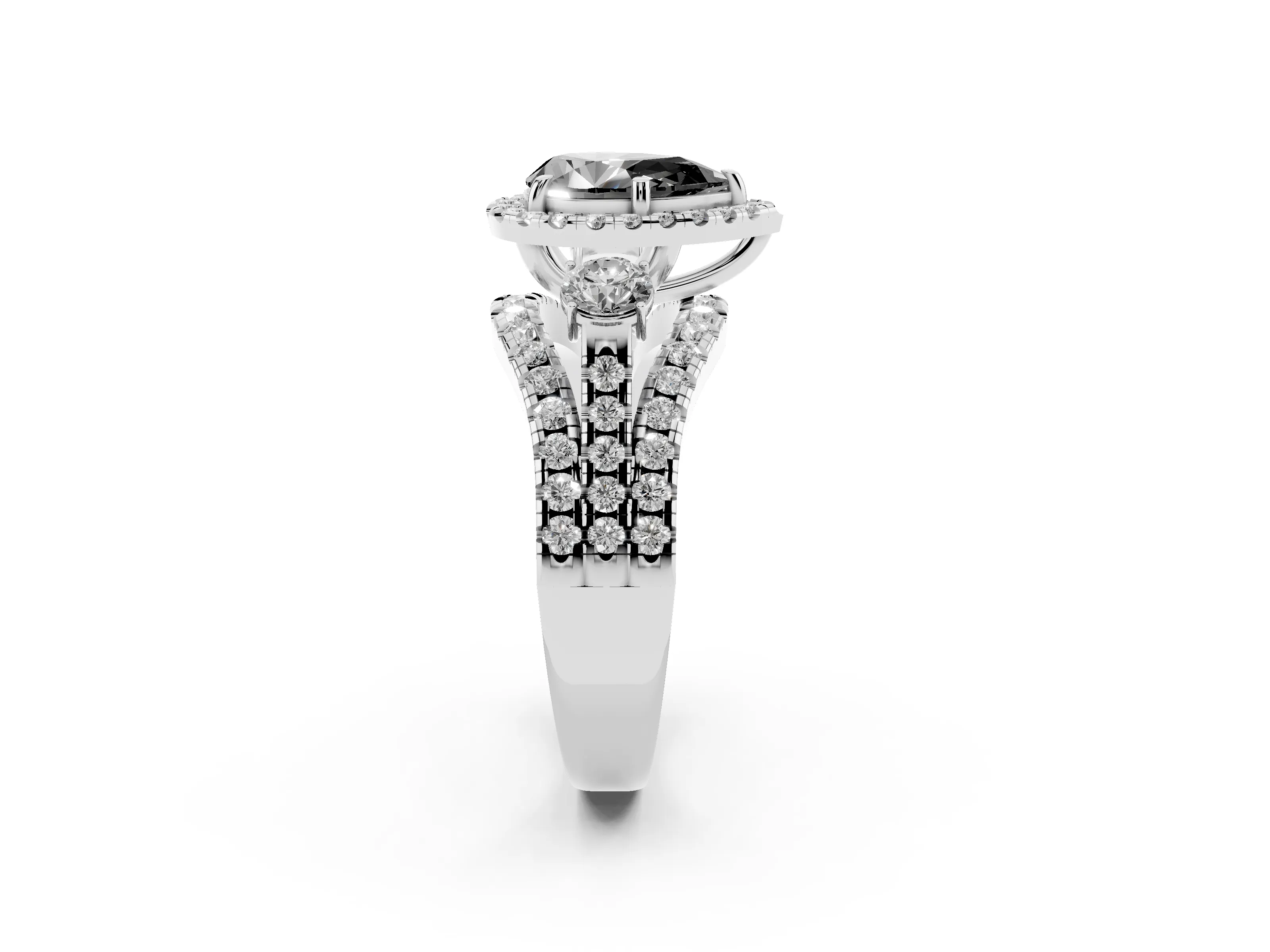 Fancy Black Pear Cut Diamond Halo Split Shank Ring Set in Silver with Round Accent Stones and Prong Setting