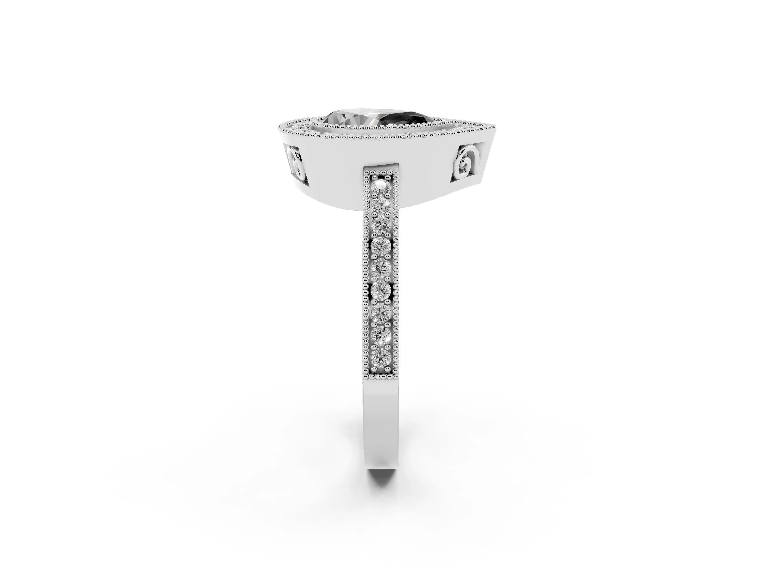 Fancy Black Pear Cut Diamond Round Halo Ring Set in White gold with Pavé Band