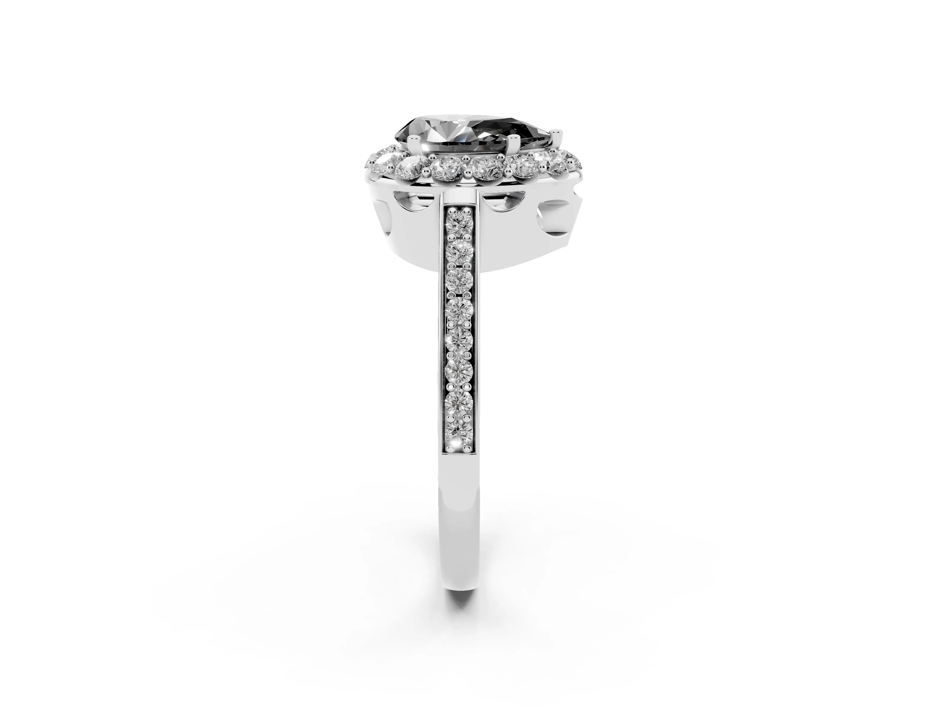 Fancy Black Pear Cut Diamond Floral Halo Ring Set in Silver with Pavé Band and Prong Setting