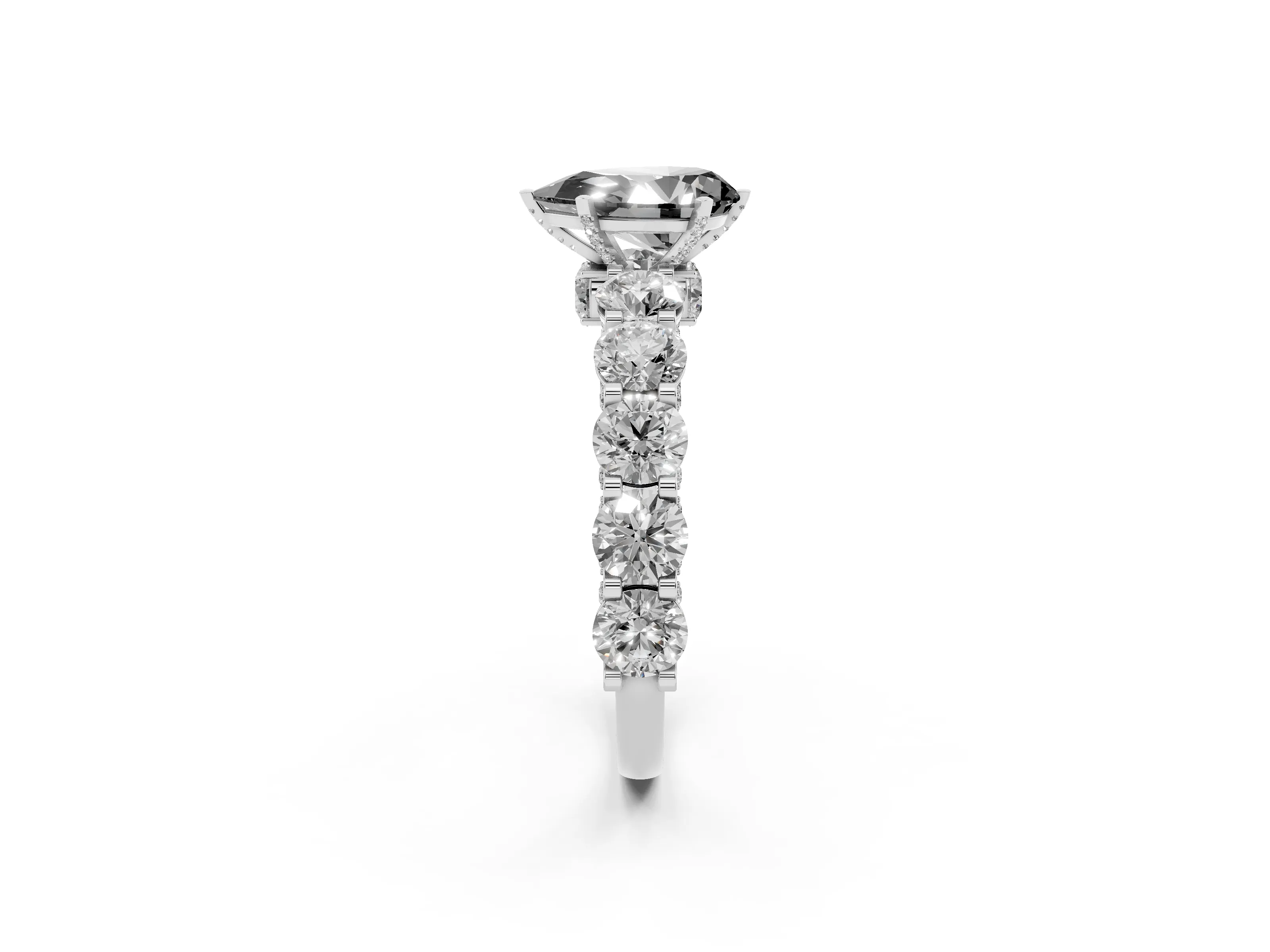 Fancy Black Pear Cut Diamond Side Stone Ring Set in White gold with Alternating Round and Oval Side Stones