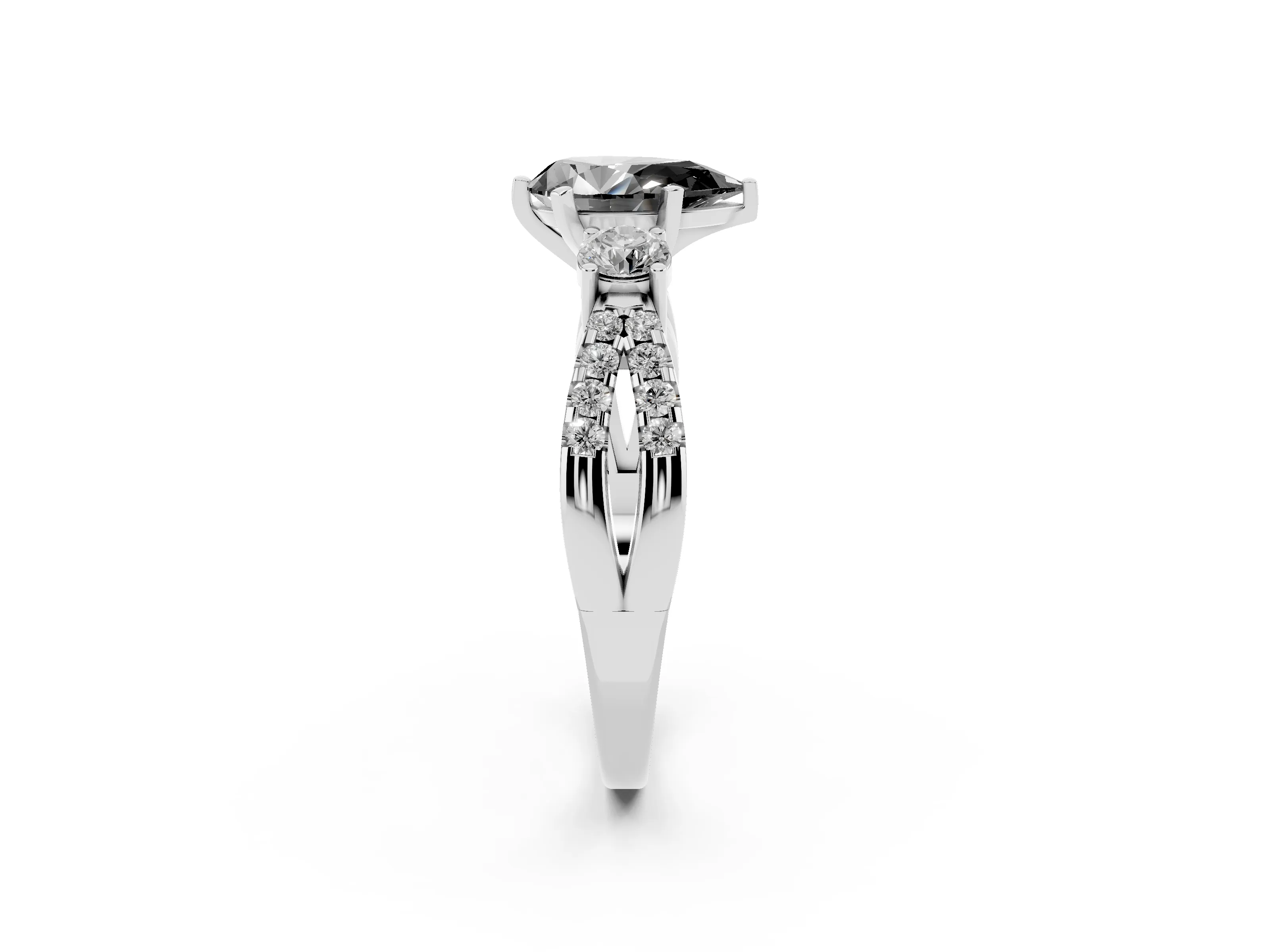 Fancy Black Pear Cut Diamond Three-Stone Ring Set in Platinum with Pavé Split Shank and Prong Setting