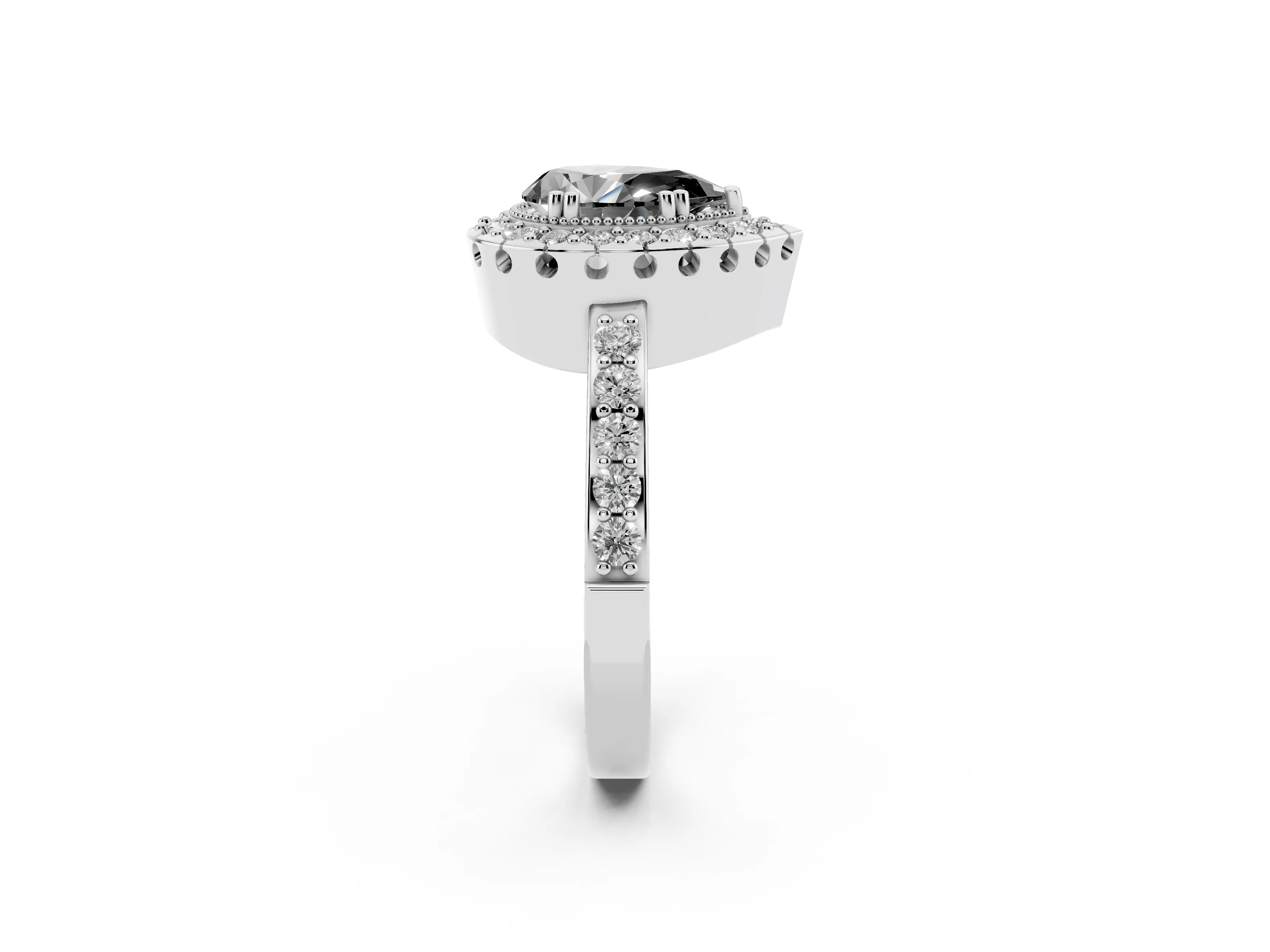 Fancy Black Pear Cut Diamond Halo Ring Set in White gold with Pavé Shank and Prong Setting