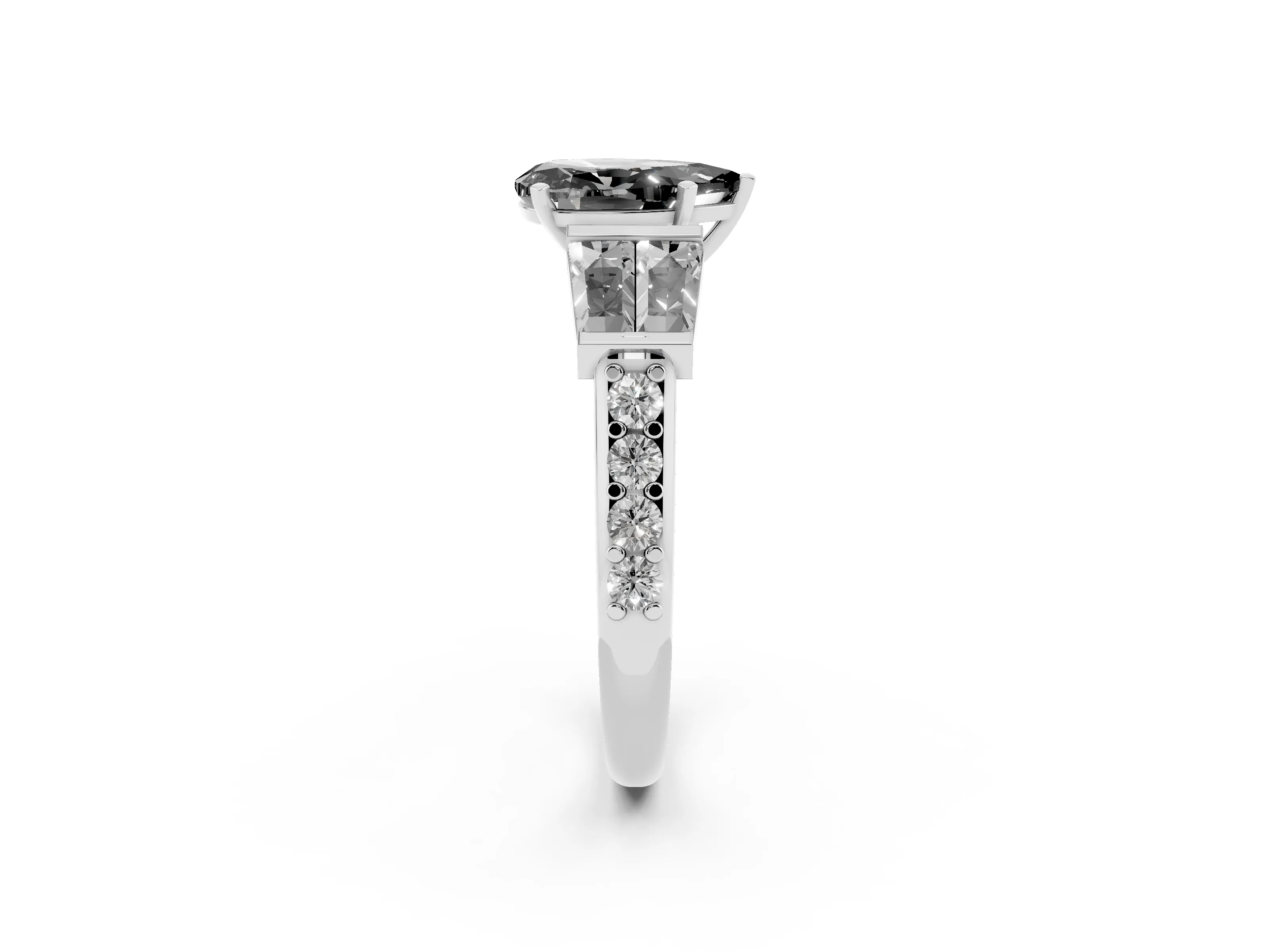 Fancy Black Pear Cut Diamond Engagement Ring Set in White gold with Baguette Side Stones and Channel Set Band