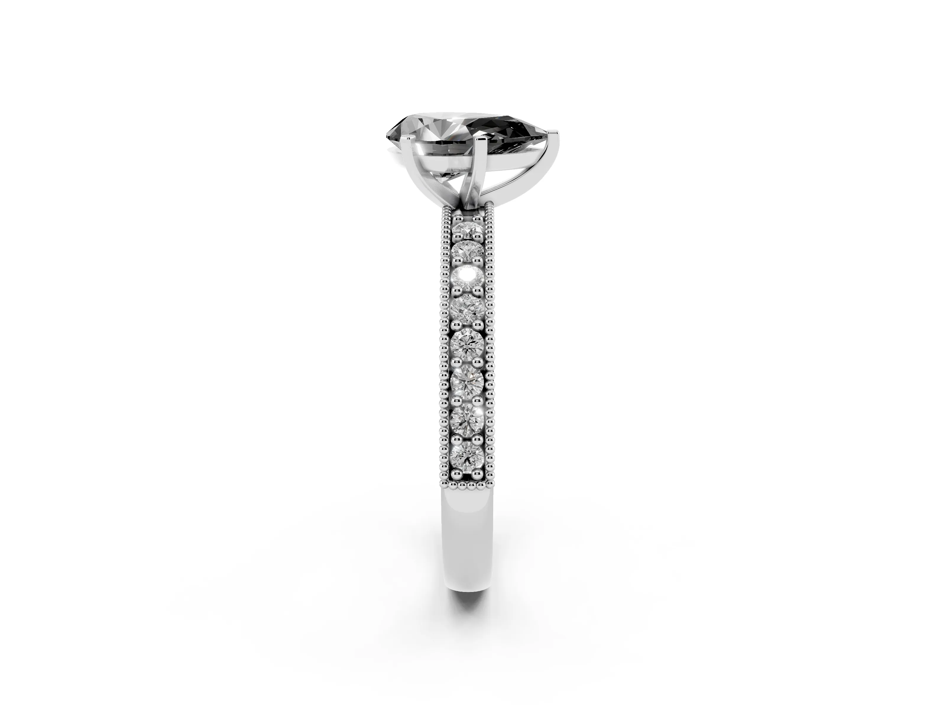 Fancy Black Pear Cut Diamond Milgrain Pavé Engagement Ring Set in White gold with Prong Setting