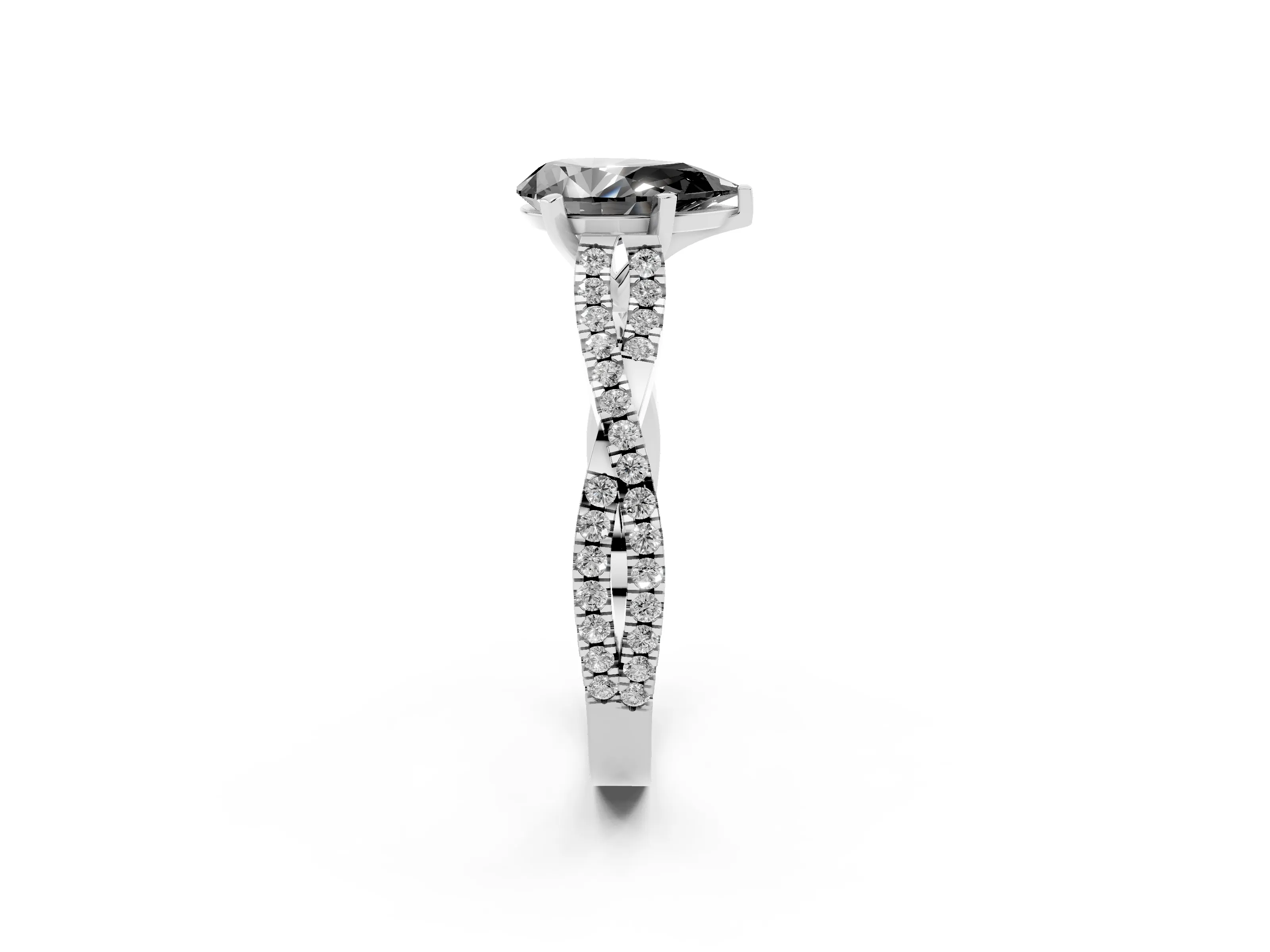 Fancy Black Pear Cut Diamond Solitaire Engagement Ring Set in White gold with Twisted Pavé Band and Prong Setting