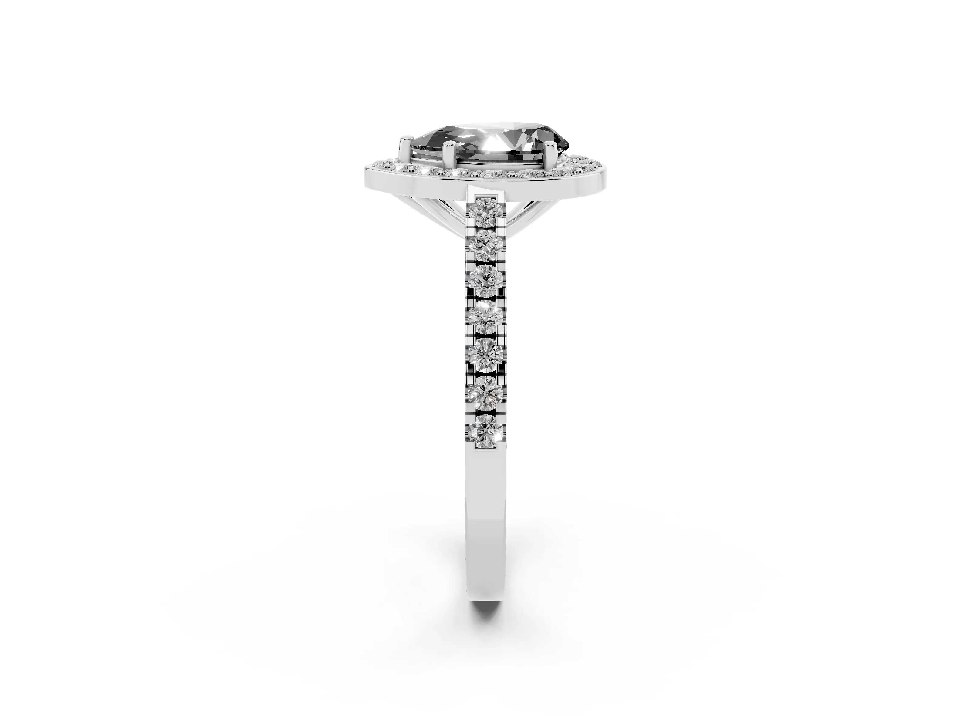 Fancy Black Pear Cut Diamond Halo Ring Set in White gold with Round Pavé Split Shank and Prong Setting