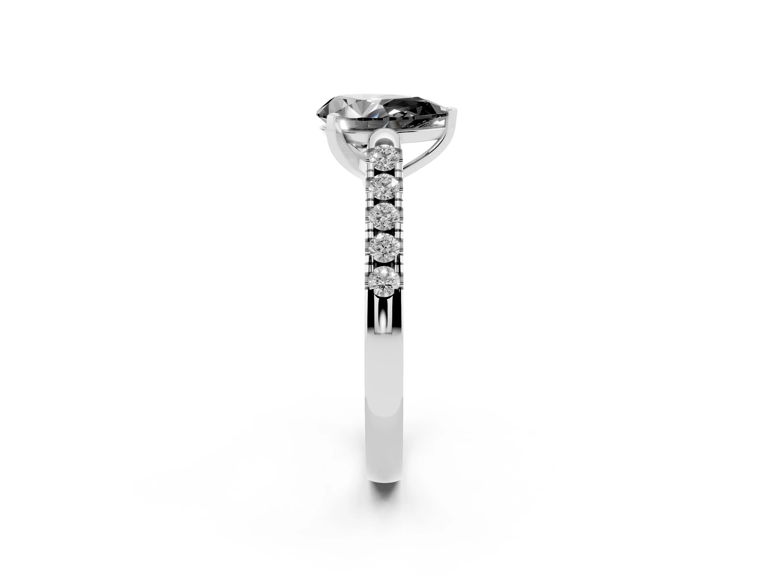 Fancy Black Pear Cut Diamond Pavé Band Solitaire Ring Set in White gold with Partway Accent Stones and Prong Setting