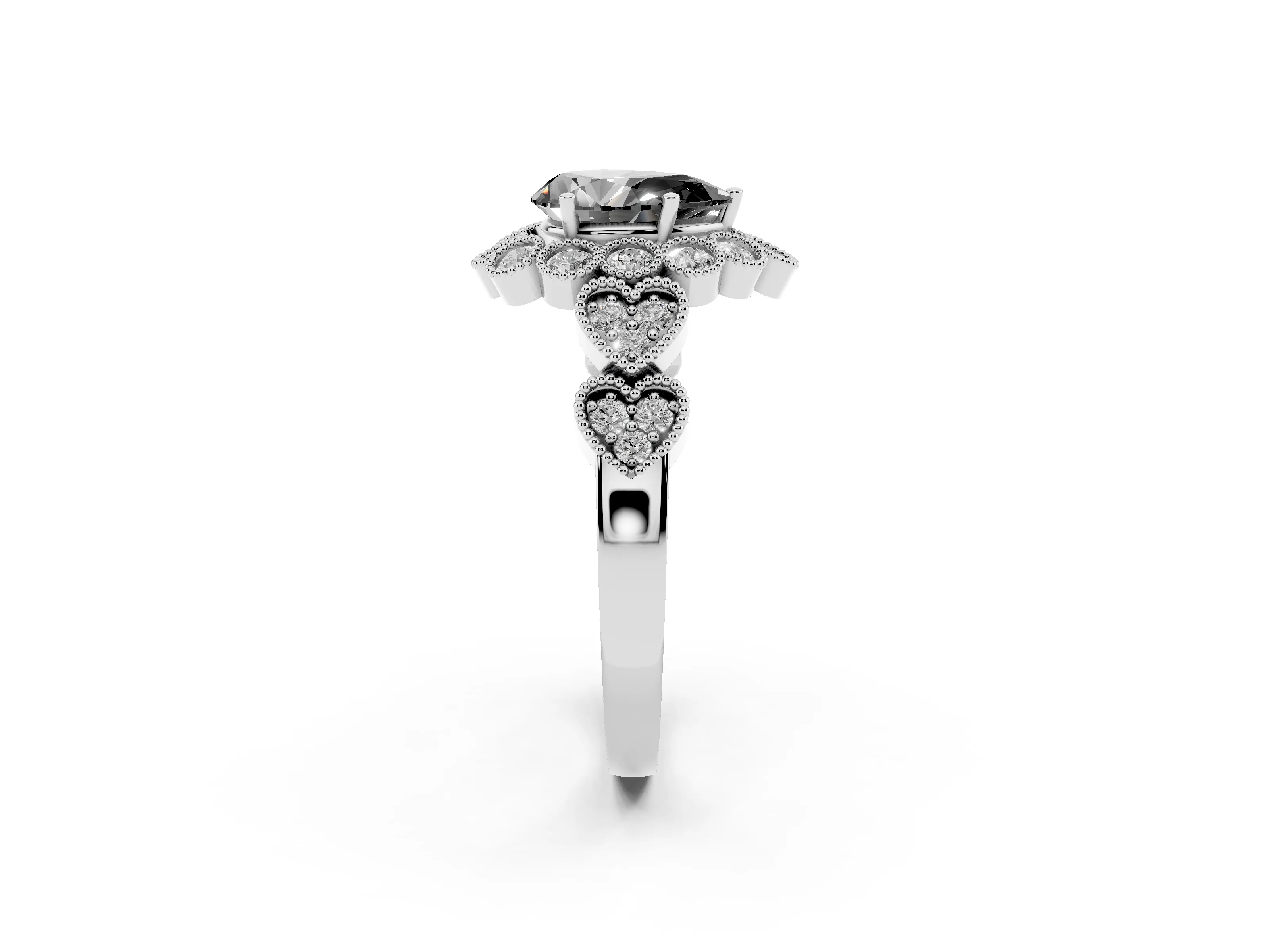 Fancy Black Pear Cut Diamond Solitaire Ring Set in Platinum with Milgrain Pavé Heart Band