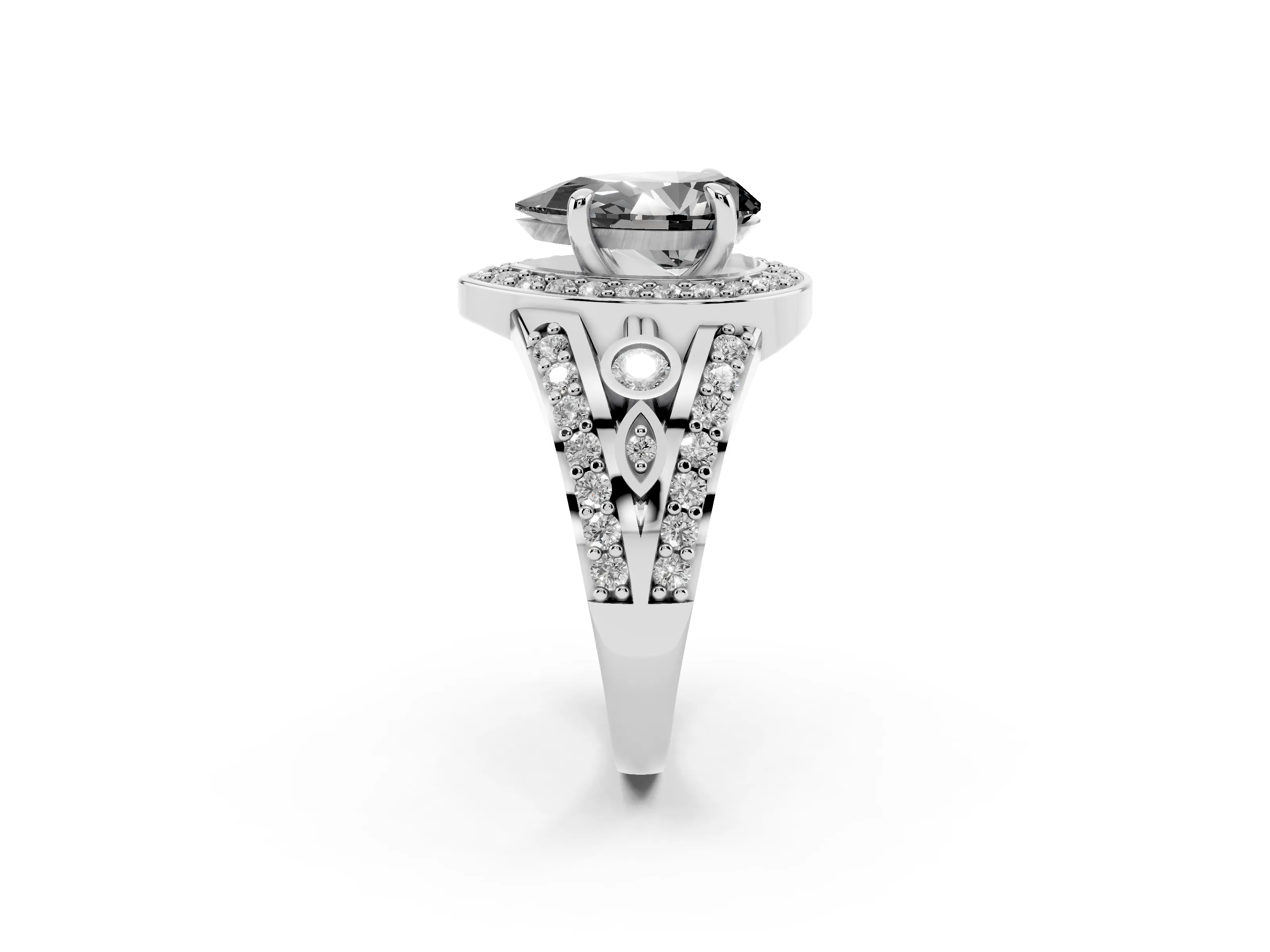 Fancy Black Pear Cut Diamond Halo Ring Set in White gold with Pavé Split Shank and Bezel Accents